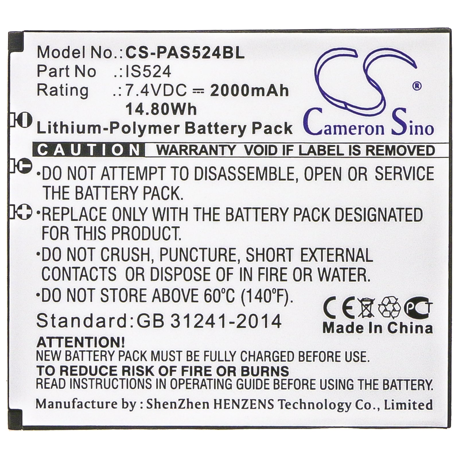 Li-Polymer Battery fits Pax, Is524 7.4V, 2000mAh Payment Terminal Cameron Sino Technology Limited