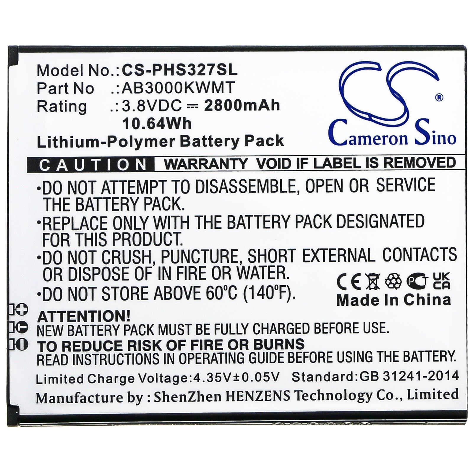 Li-Polymer Battery fits Philips, Cts327, Xenium S327 3.8V, 2800mAh Mobile & SmartPhone Cameron Sino Technology Limited