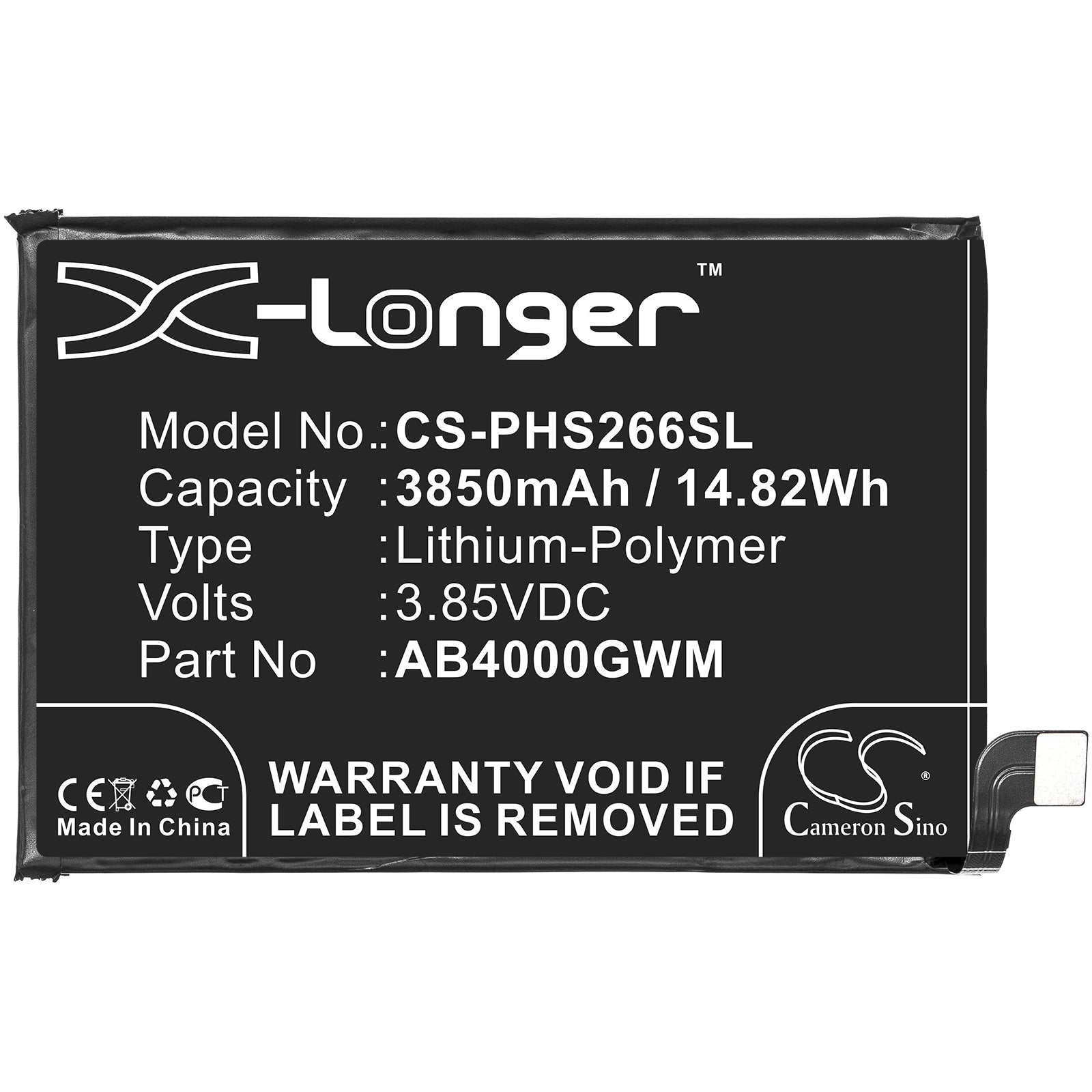 Li-Polymer Battery fits Philips, Xenium S266 3.85V, 3850mAh Mobile & SmartPhone Cameron Sino Technology Limited