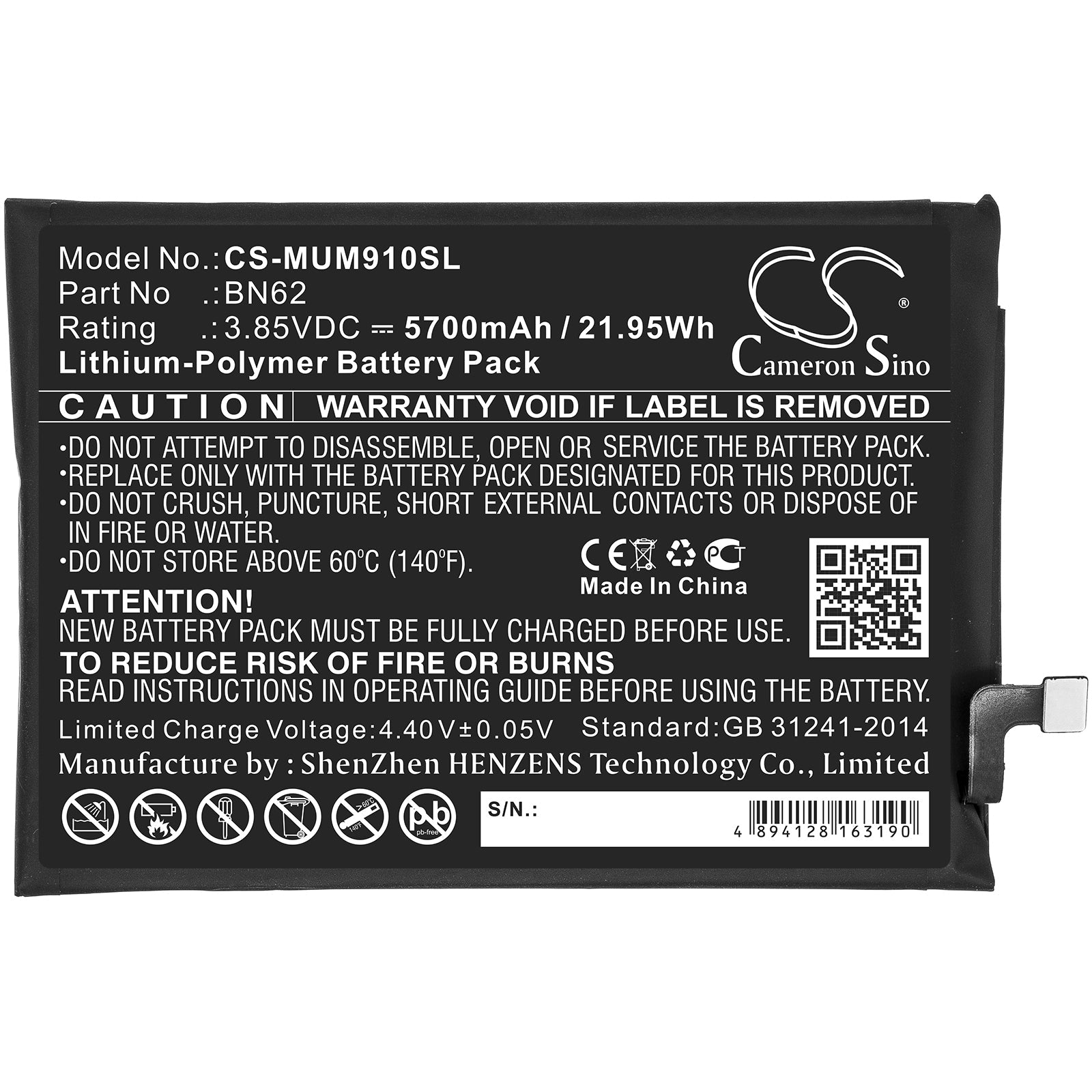 Li-Polymer Battery fits Poco, M2010j19ci, M3 3.85V, 5700mAh Mobile & SmartPhone Cameron Sino Technology Limited