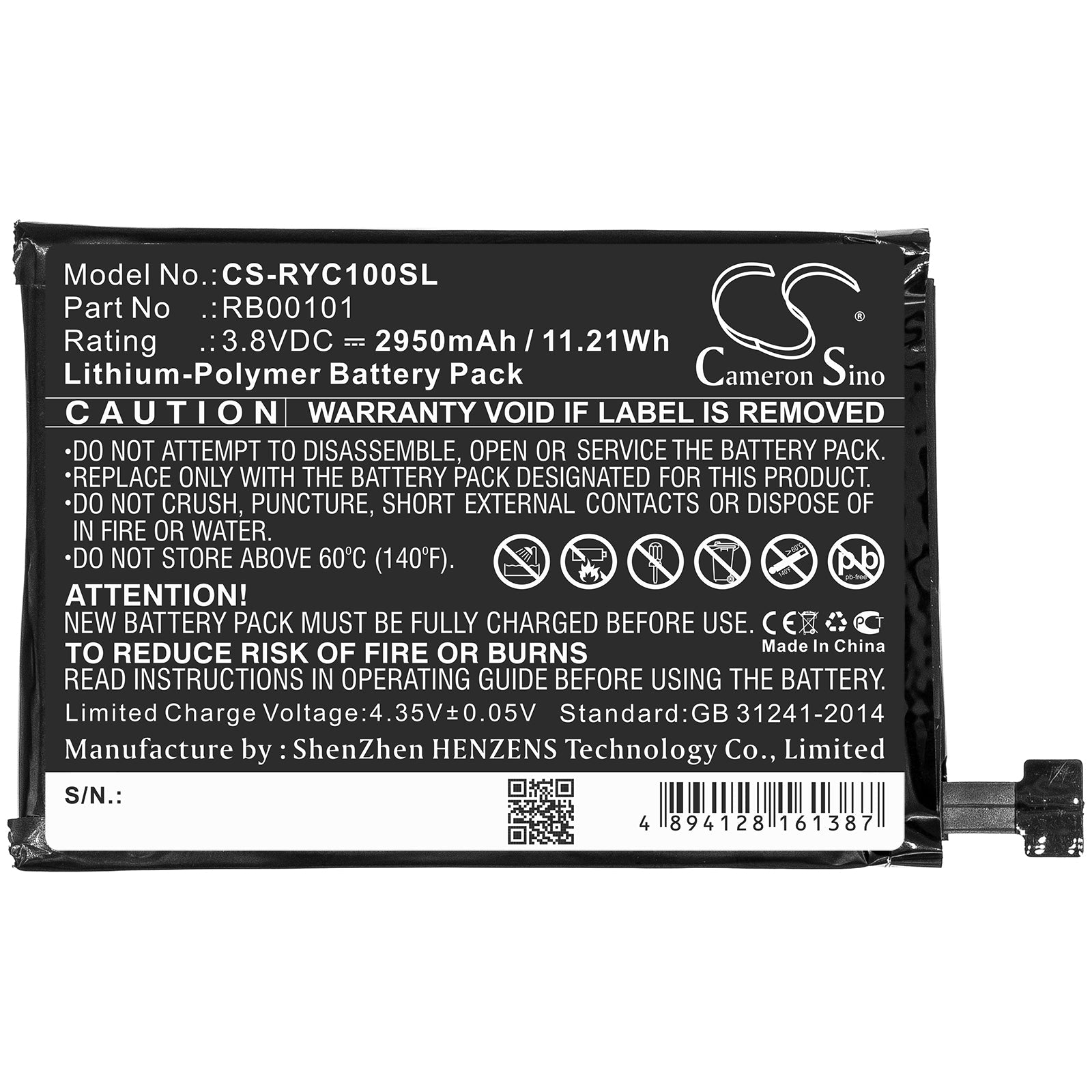 Li-Polymer Battery fits Ray Enterprises, Rb00101 3.8V, 2950mAh Remote Control Cameron Sino Technology Limited