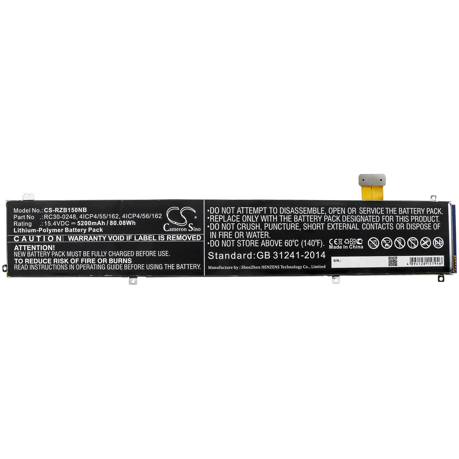 Li-Polymer Battery fits Razer, 4icp4/55/162, 4icp4/56/162, Rc30-0248 15.4V, 5200mAh Notebook & Laptop Cameron Sino Technology Limited