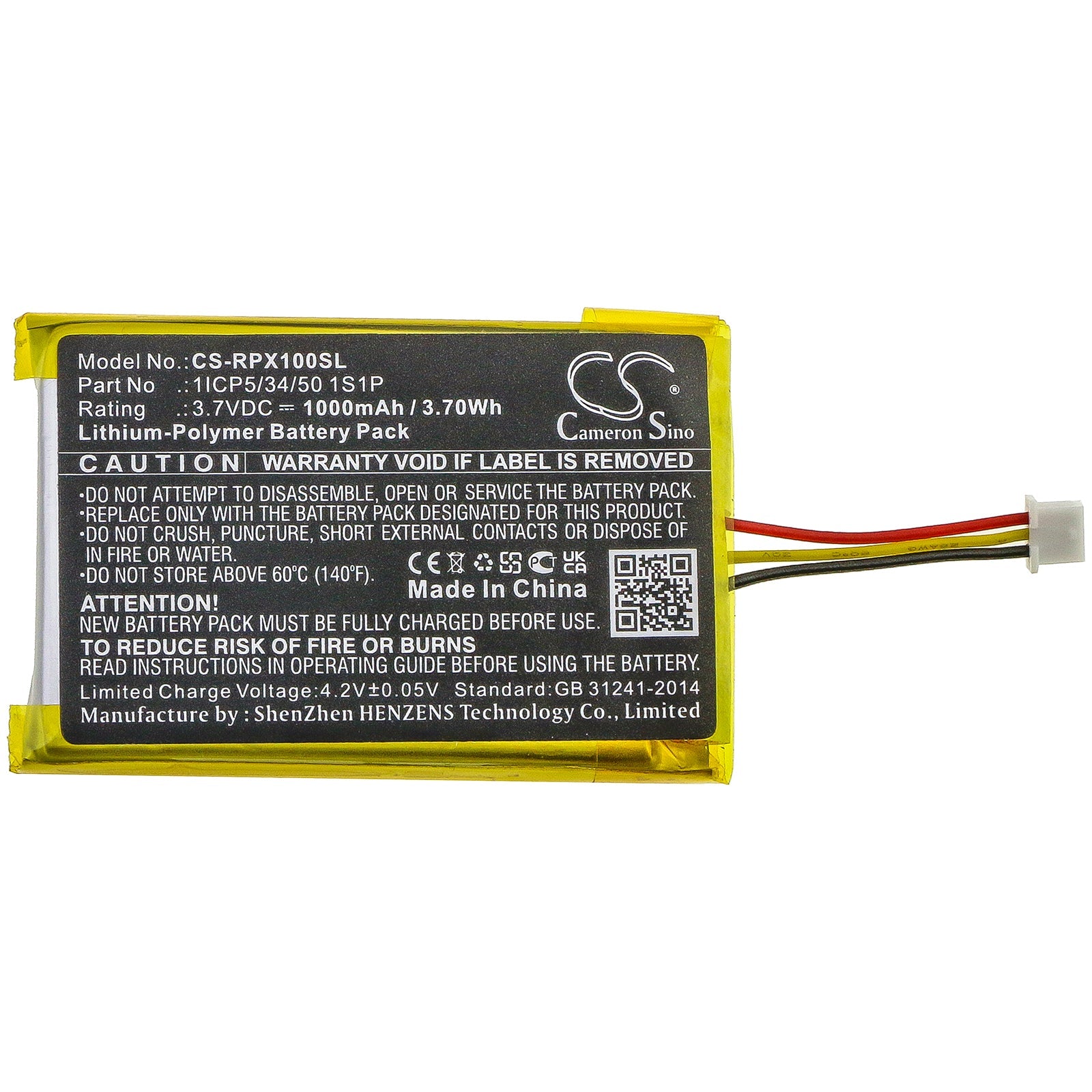 Li-Polymer Battery fits Razer, Opus X 3.7V, 1000mAh Wireless Headset Cameron Sino Technology Limited