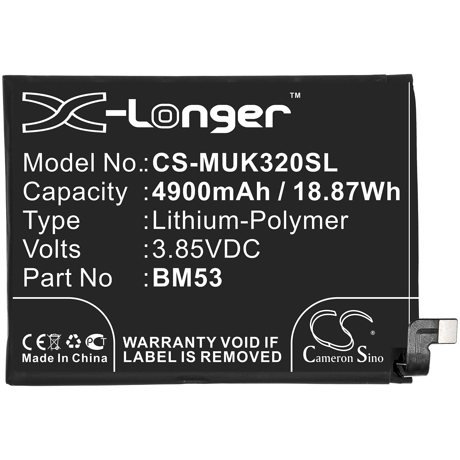 Li-Polymer Battery fits Redmi, Bm53, Xiaomi, Bm53 3.85V, 4900mAh Mobile & SmartPhone Cameron Sino Technology Limited