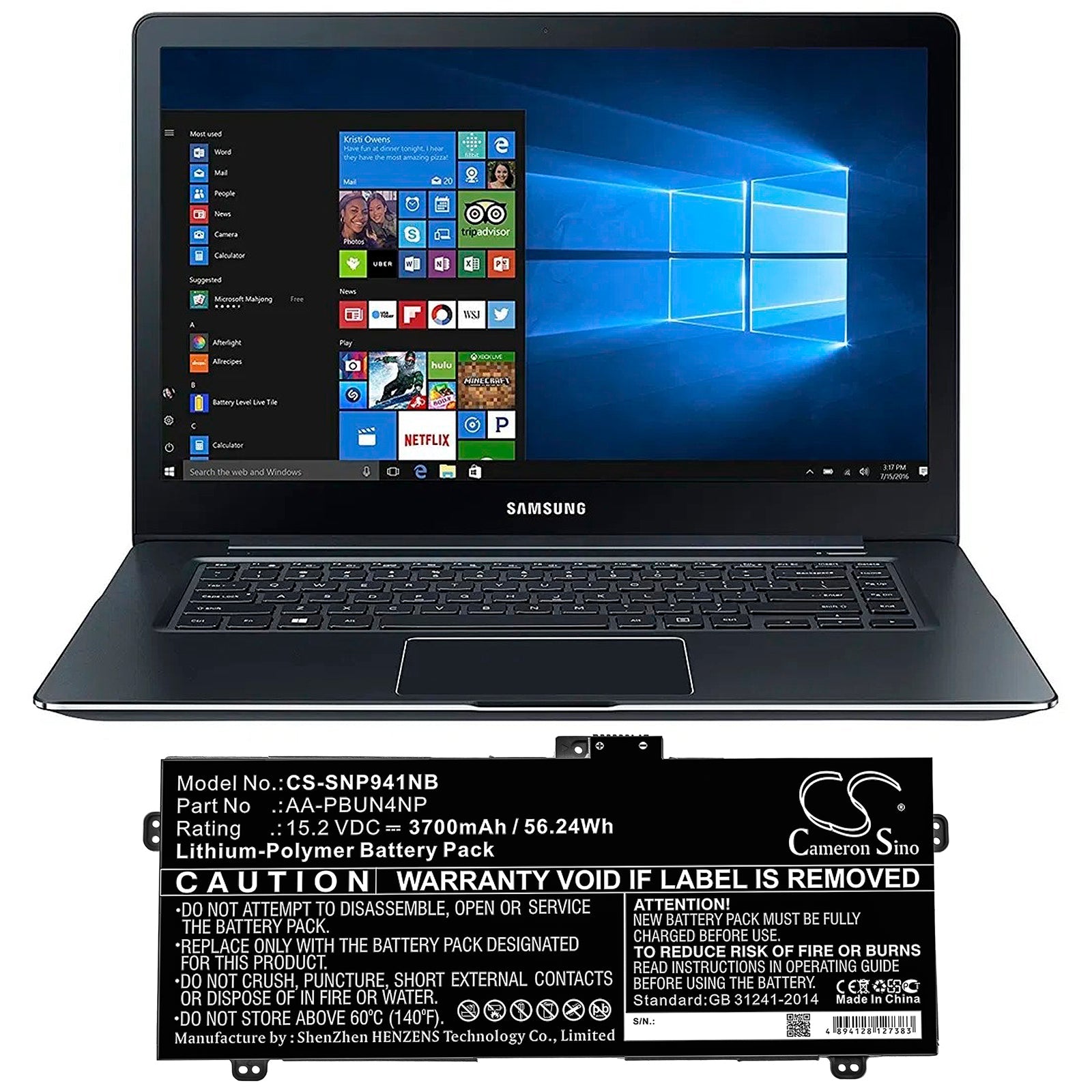 Li-Polymer Battery fits Samsung, Ativ Book 9 Pro, Np940z5j, Np940z5l 15.2V, 3700mAh Notebook & Laptop Cameron Sino Technology Limited