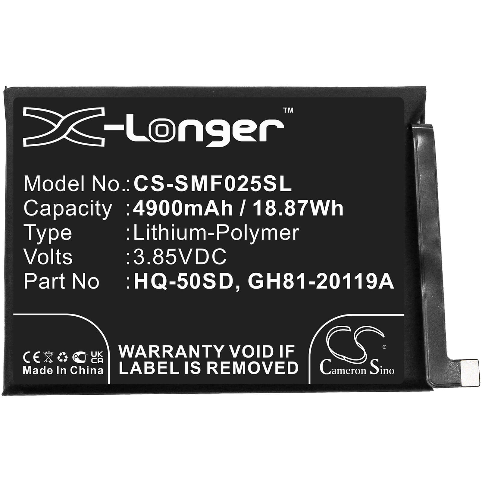 Li-Polymer Battery fits Samsung, Galaxy A02s, Galaxy A02s 2020 3.85V, 4900mAh / 18.87Wh Mobile & SmartPhone Cameron Sino Technology Limited