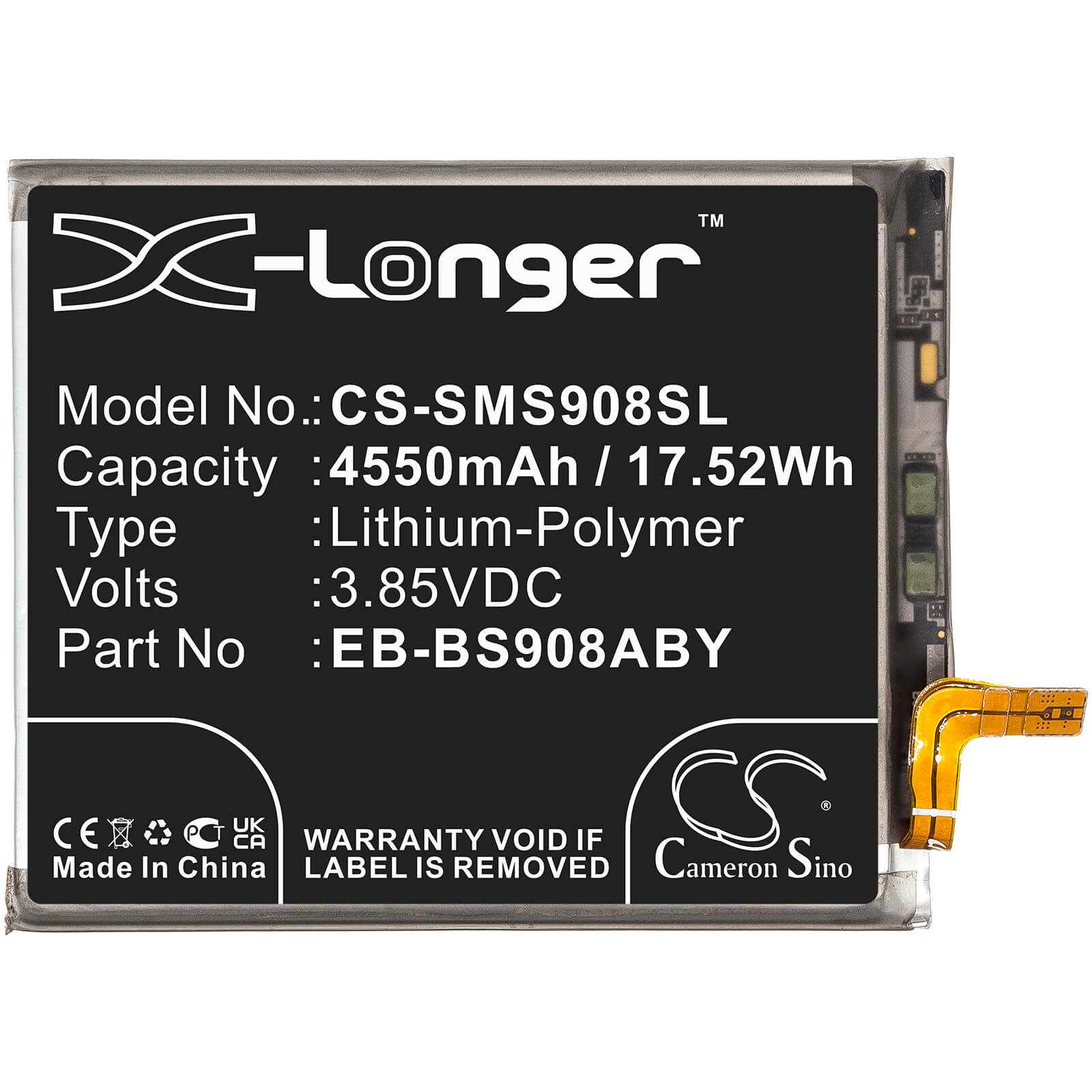 Li-Polymer Battery fits Samsung, Galaxy S22 Ultra 5g, Sm-s906w 3.85V, 4550mAh / 17.52Wh Mobile & SmartPhone Cameron Sino Technology Limited