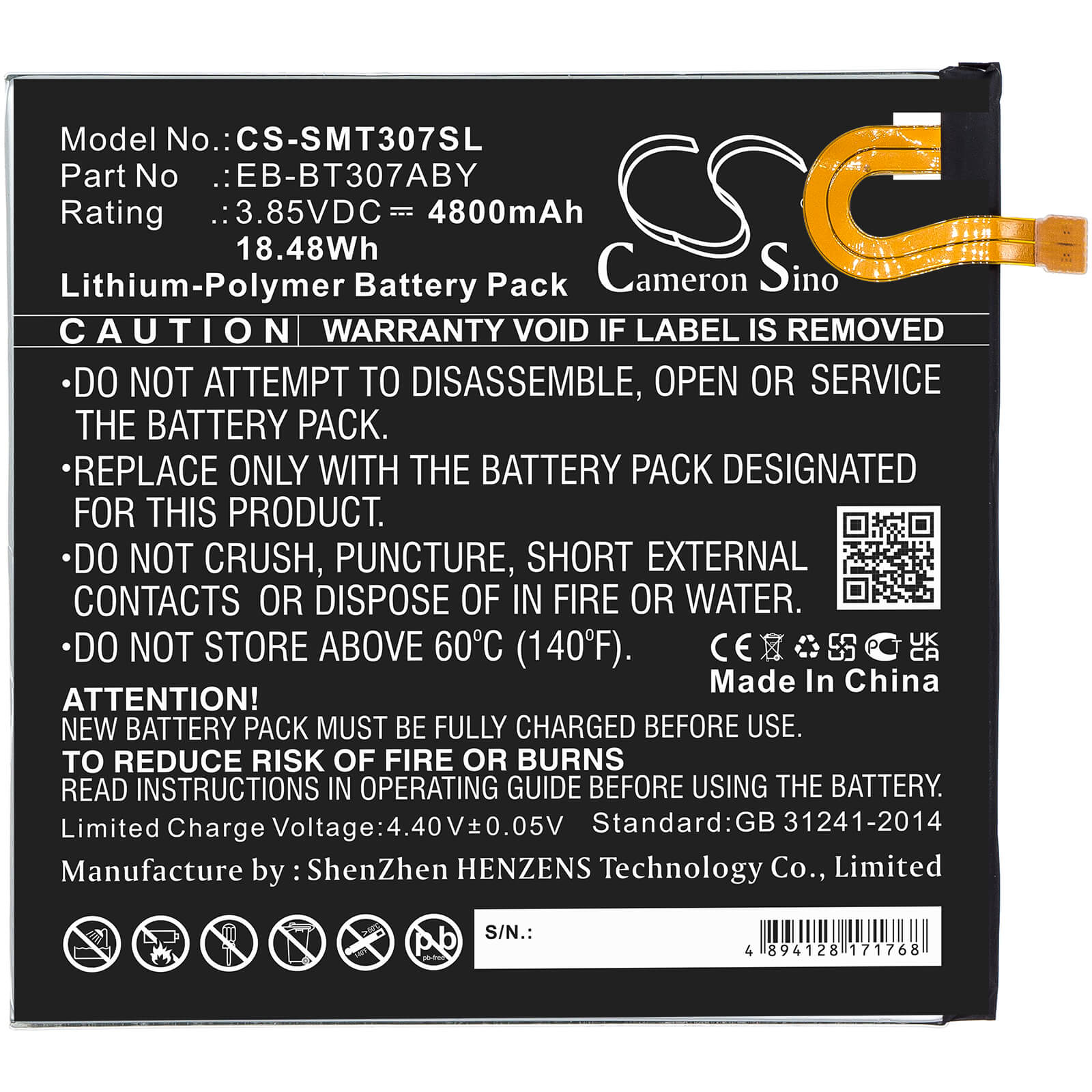 Li-Polymer Battery fits Samsung, Galaxy Tab A 8,4 2020, Sm-t307u 3.85V, 4800mAh / 18.48Wh Tablet Cameron Sino Technology Limited