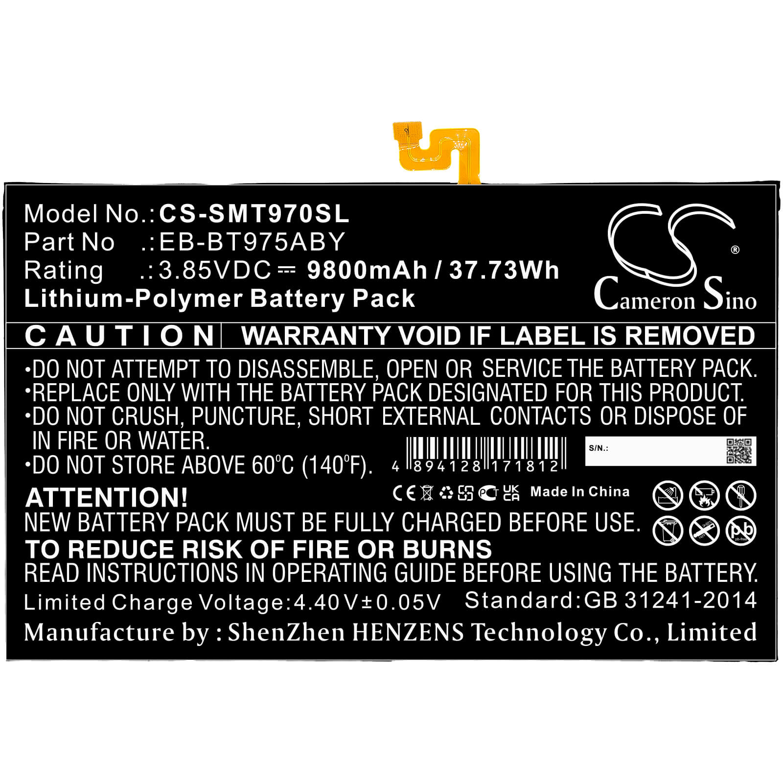 Li-Polymer Battery fits Samsung, Galaxy Tab S7 Plus 12,4, Galaxy Tab S7+ 12,4 2020 3.85V, 9800mAh / 37.73Wh Tablet Cameron Sino Technology Limited