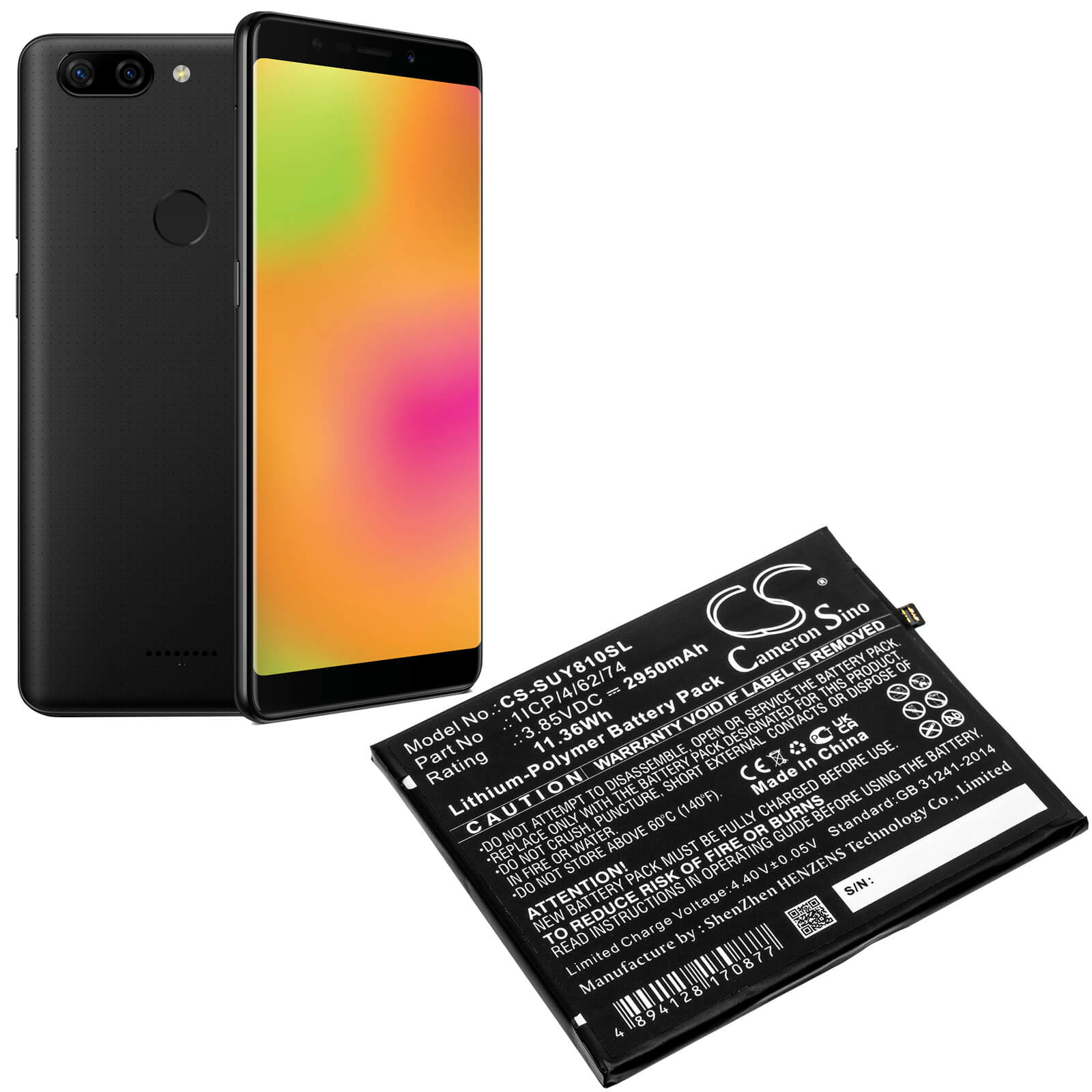 Li-Polymer Battery fits Sugar, Y8 Max 3.85V, 2950mAh / 11.36Wh Mobile & SmartPhone Cameron Sino Technology Limited