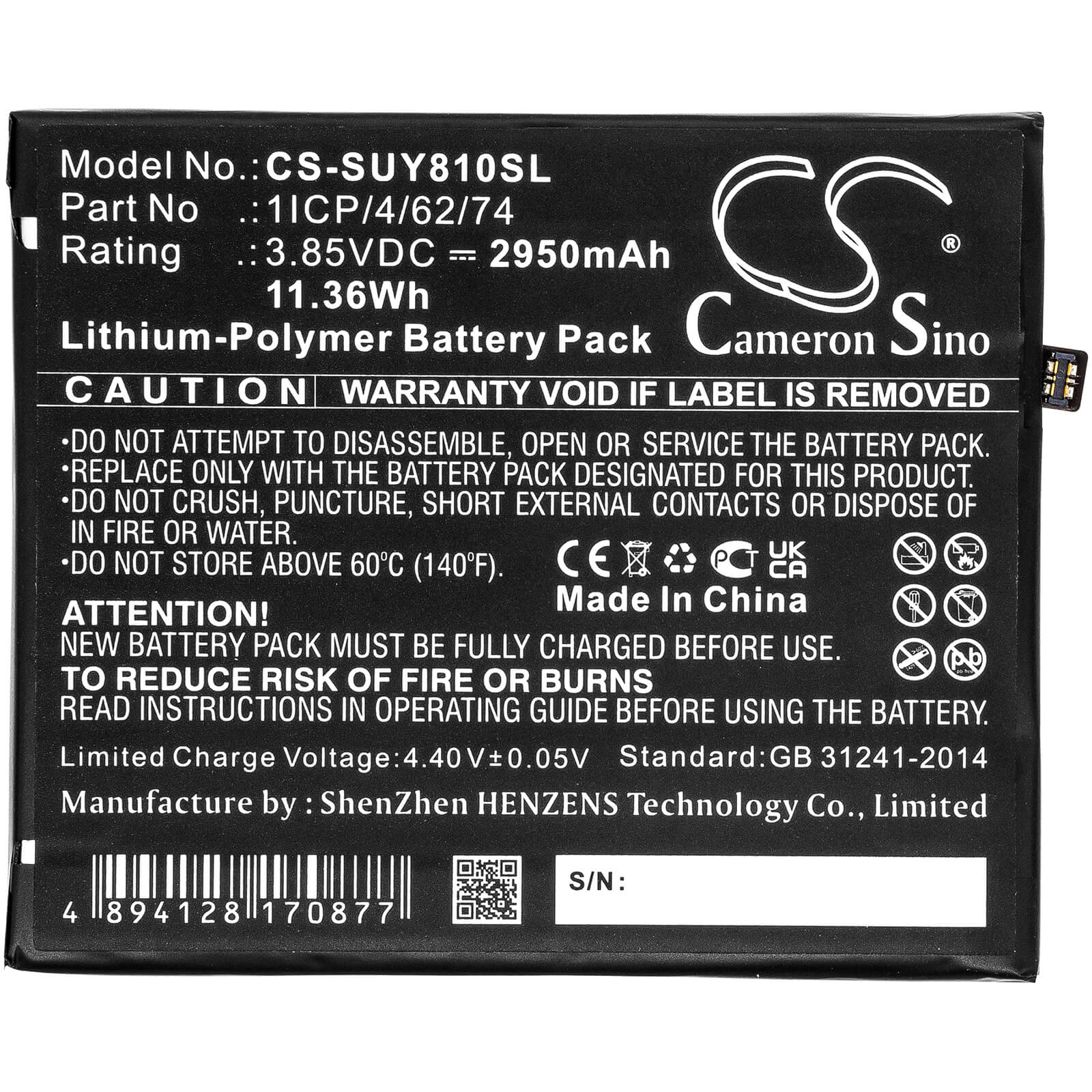 Li-Polymer Battery fits Sugar, Y8 Max 3.85V, 2950mAh / 11.36Wh Mobile & SmartPhone Cameron Sino Technology Limited