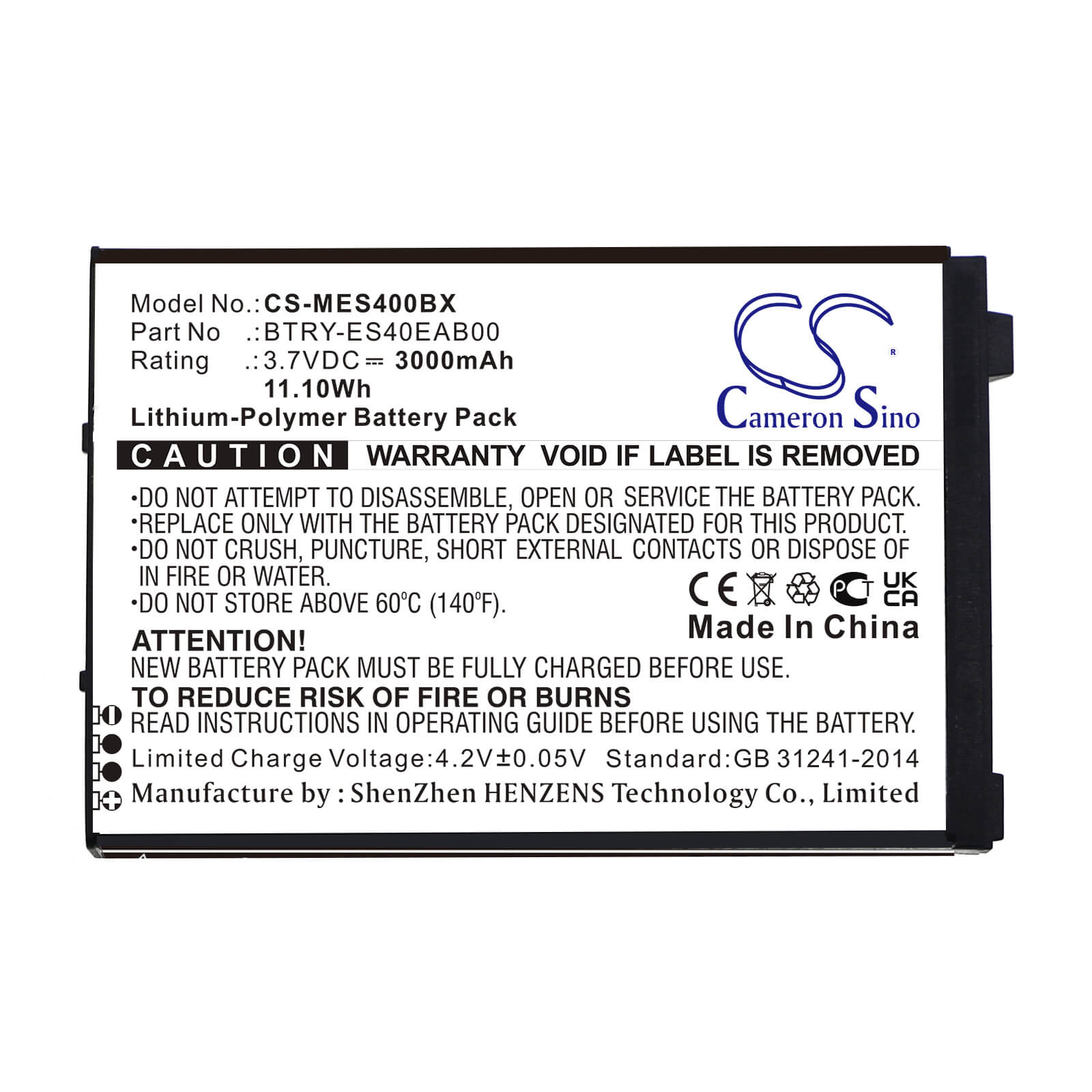 Li-Polymer Battery fits Symbol, Es400, Es405 3.7V, 3000mAh / 11.10Wh Barcode Scanner Cameron Sino Technology Limited