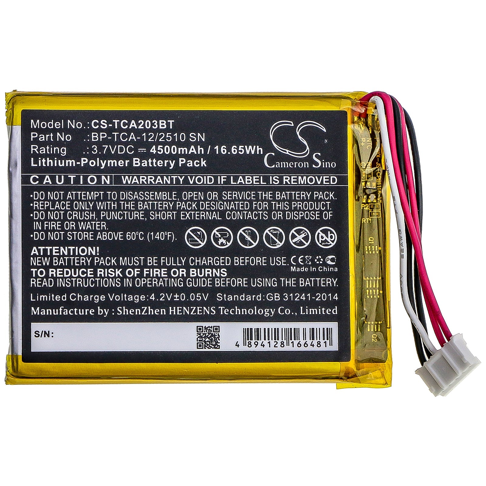 Li-Polymer Battery fits Technicolor, Tca203, Tca203comg 3.7V, 4500mAh Alarm System Cameron Sino Technology Limited