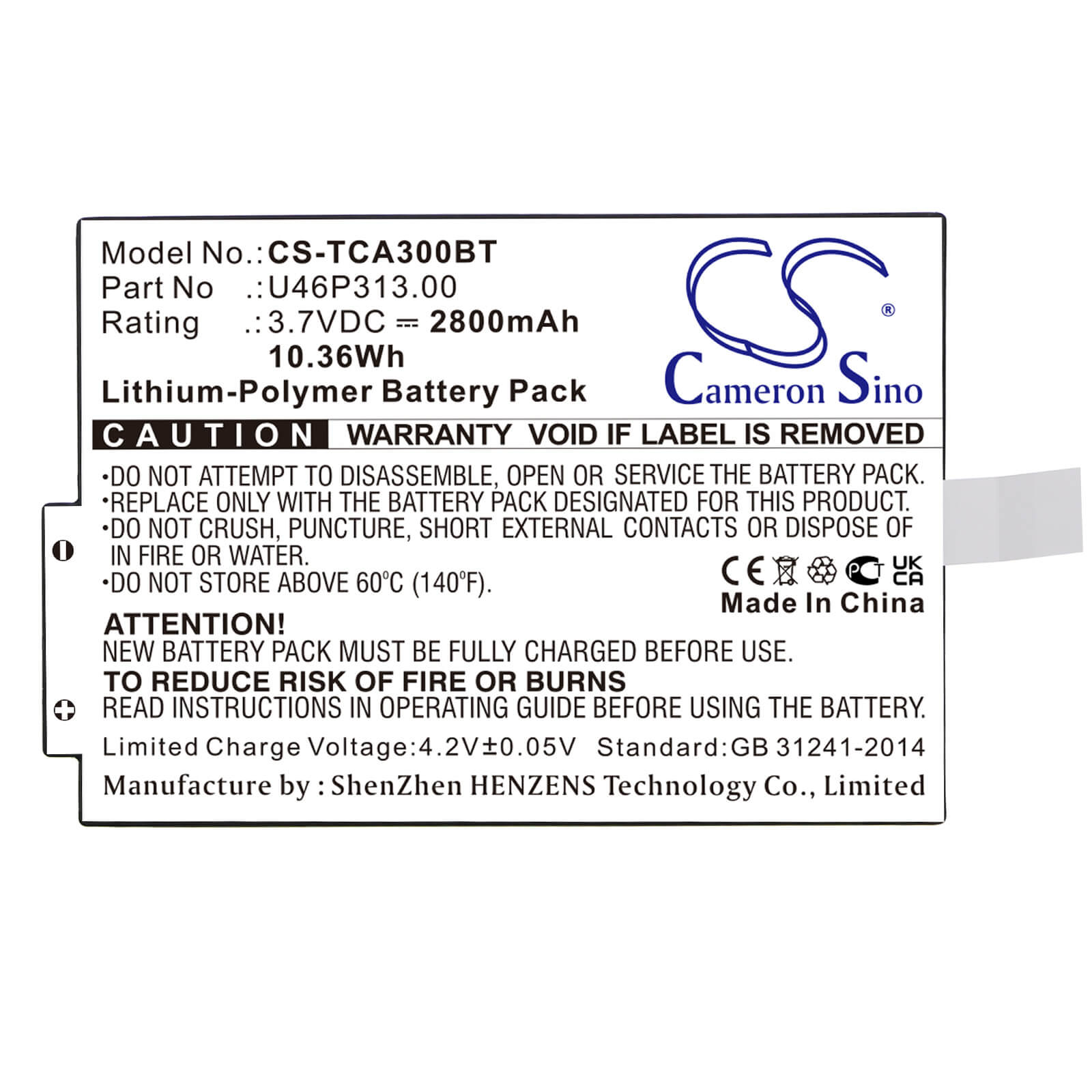 Li-Polymer Battery fits Technicolor TCA300COM replaces U46p313.00 3.7V, 2800mAh Alarm System Cameron Sino Technology Limited