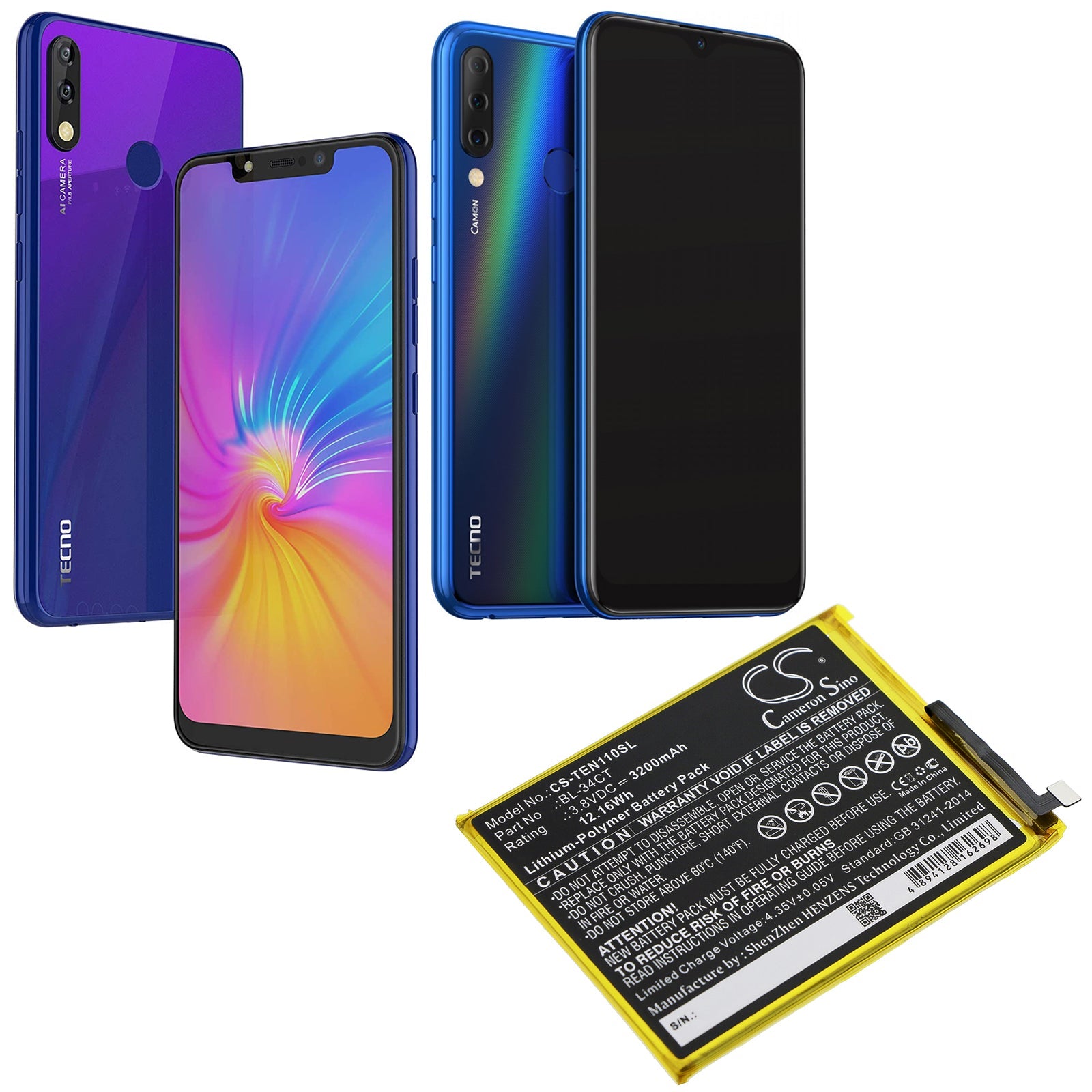 Li-Polymer Battery fits Tecno, Camon 11s, Camon I4 3.8V, 3200mAh Mobile & SmartPhone Cameron Sino Technology Limited