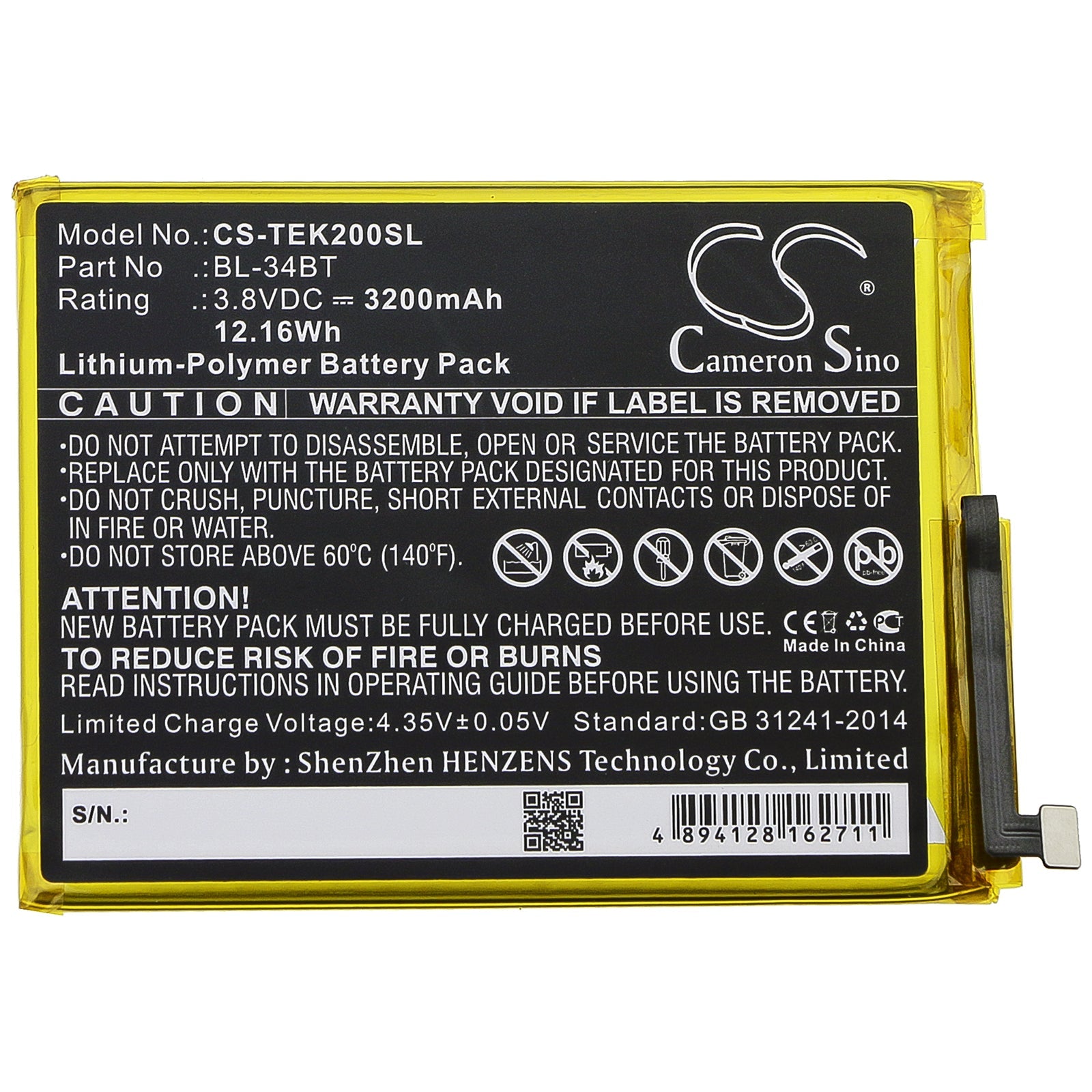 Li-Polymer Battery fits Tecno, Ka7, Ka7o 3.8V, 3200mAh Mobile & SmartPhone Cameron Sino Technology Limited