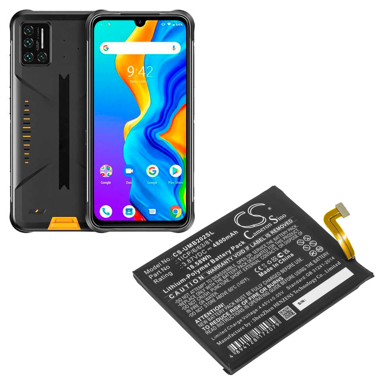 Li-Polymer Battery fits Umi, 2021, Umidigi Bison 3.87V, 4800mAh / 18.58Wh Mobile & SmartPhone Cameron Sino Technology Limited