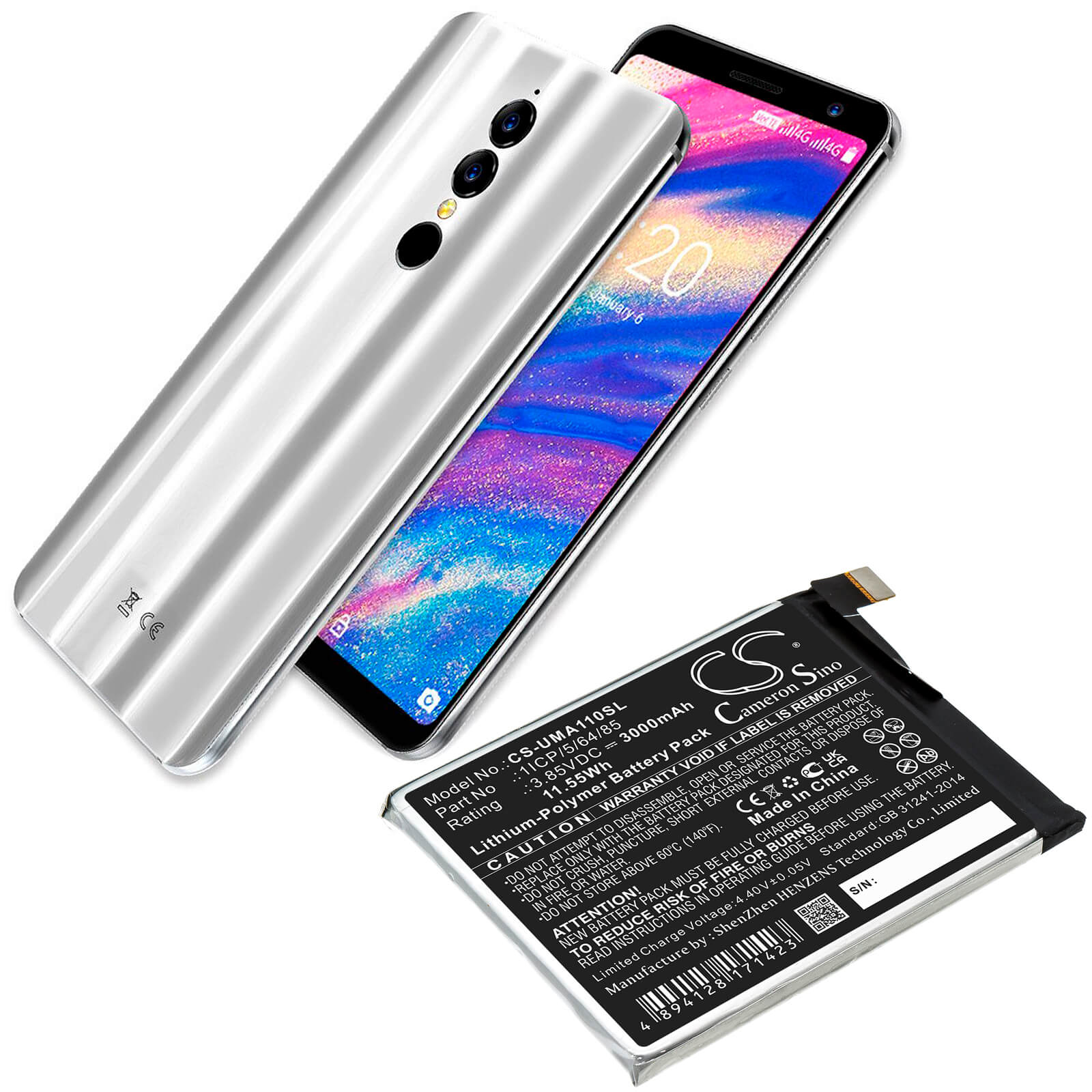 Li-Polymer Battery fits Umi, Umidigi A1 Pro 3.85V, 3000mAh / 11.55Wh Mobile & SmartPhone Cameron Sino Technology Limited