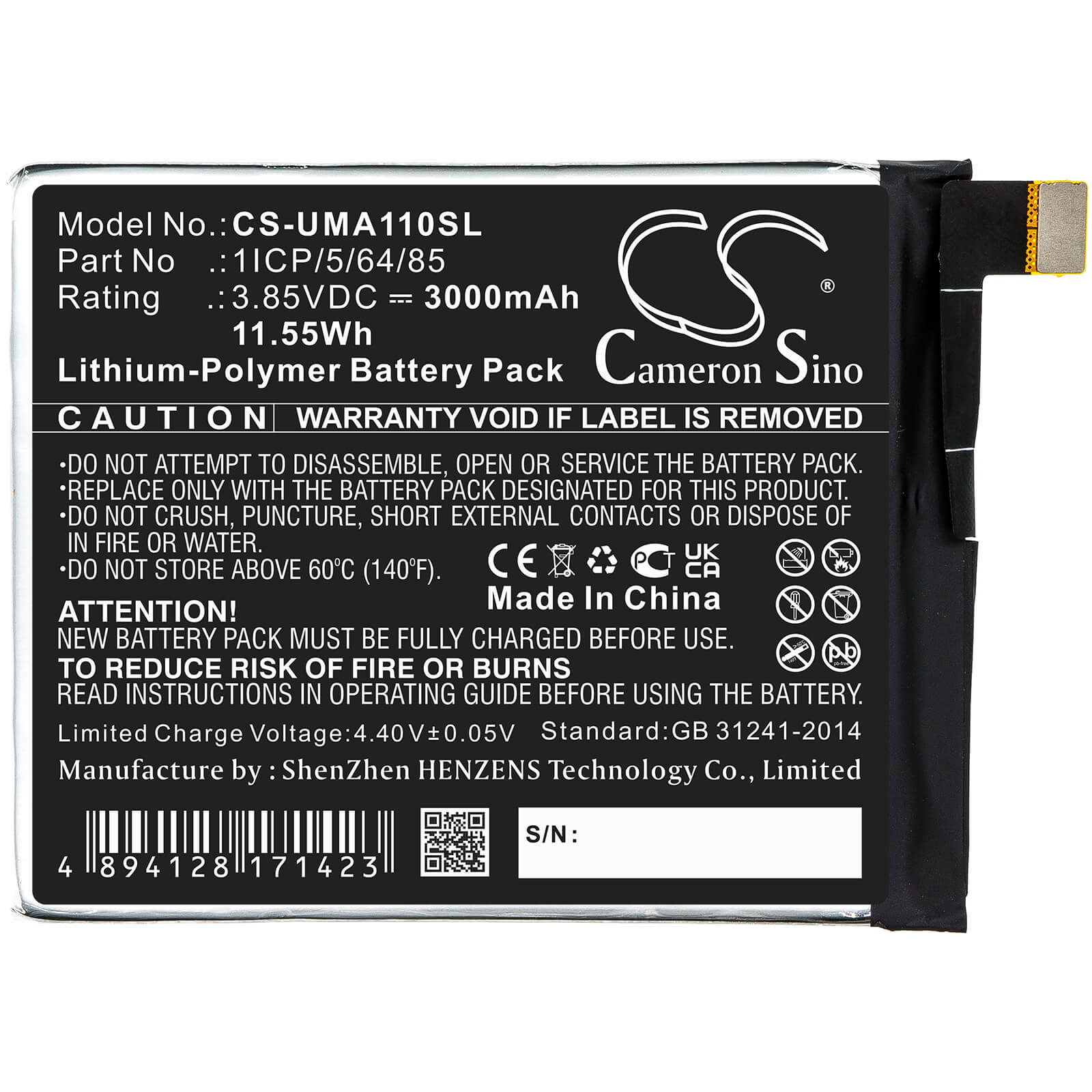 Li-Polymer Battery fits Umi, Umidigi A1 Pro 3.85V, 3000mAh / 11.55Wh Mobile & SmartPhone Cameron Sino Technology Limited