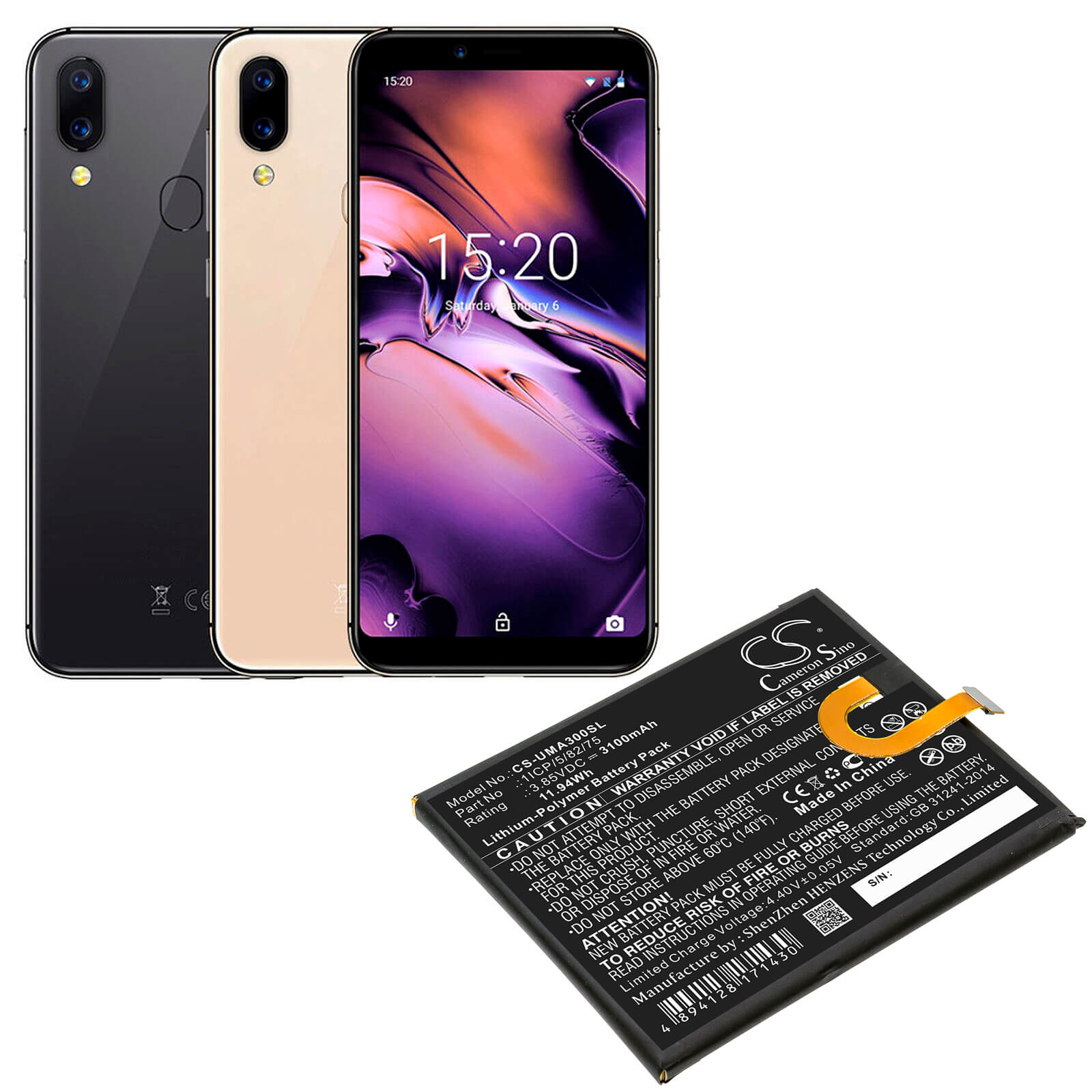 Li-Polymer Battery fits Umi, Umidigi A3 3.85V, 3100mAh / 11.94Wh Mobile & SmartPhone Cameron Sino Technology Limited