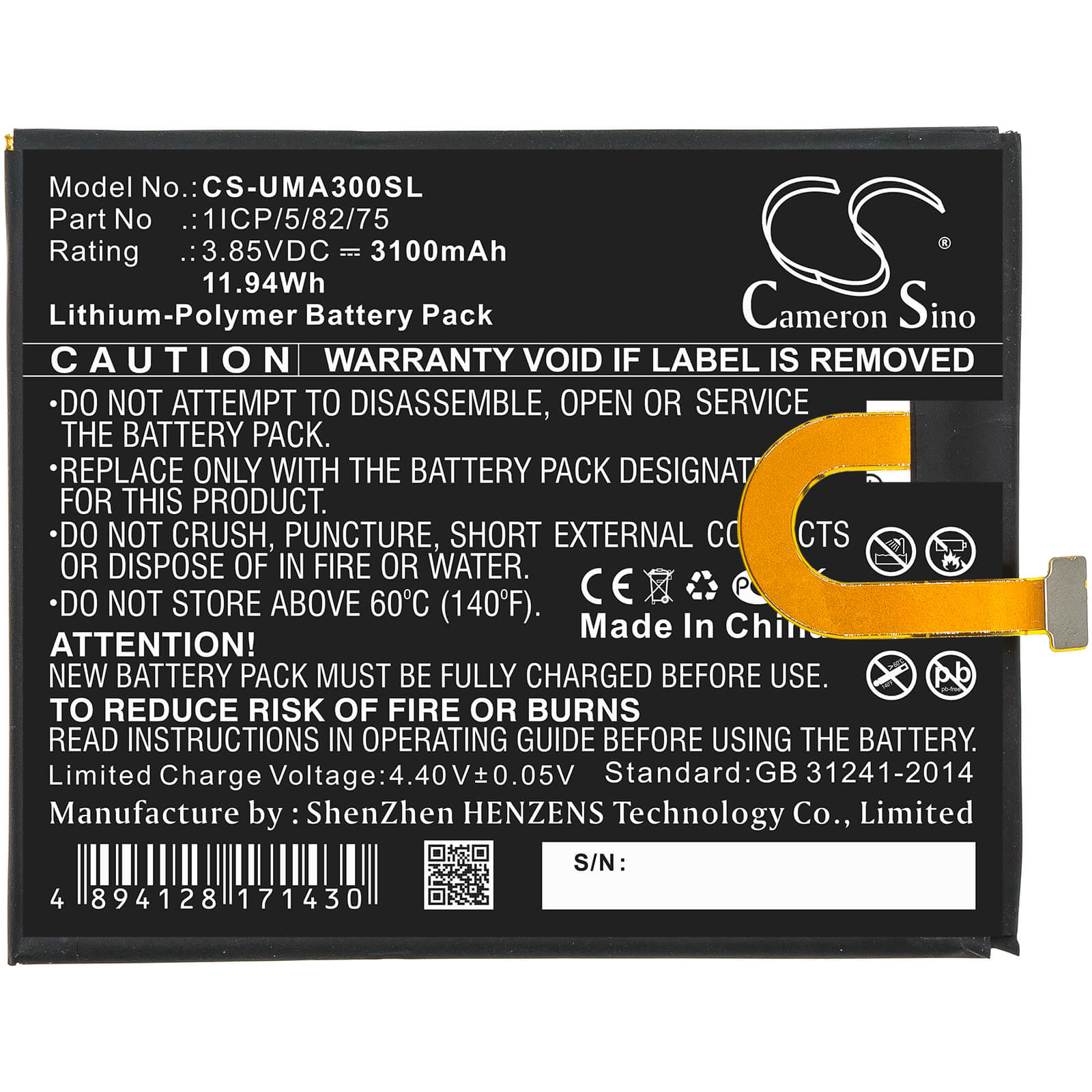 Li-Polymer Battery fits Umi, Umidigi A3 3.85V, 3100mAh / 11.94Wh Mobile & SmartPhone Cameron Sino Technology Limited