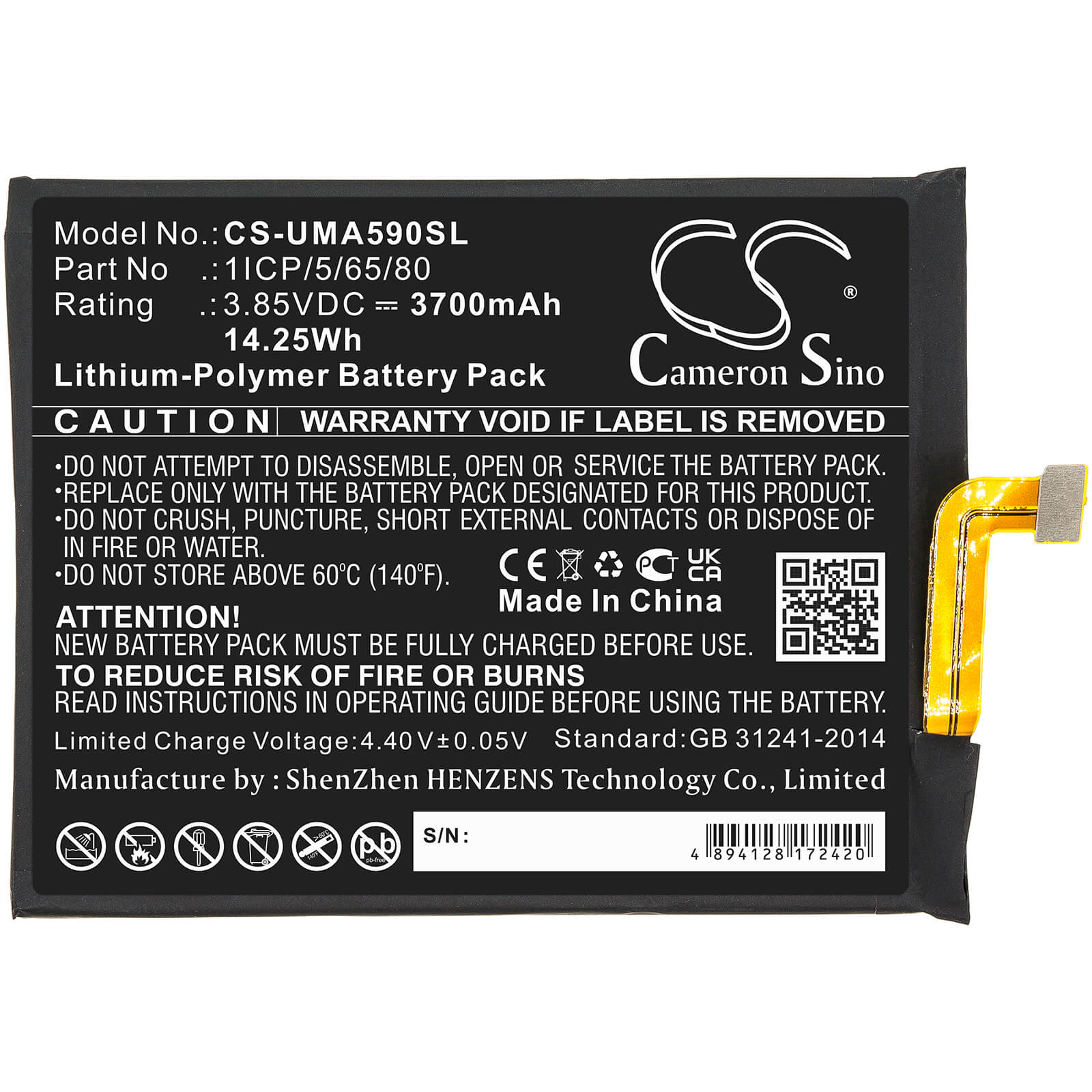 Li-Polymer Battery fits Umi, Umidigi A9 Pro 3.85V, 3700mAh / 14.25Wh Mobile & SmartPhone Cameron Sino Technology Limited