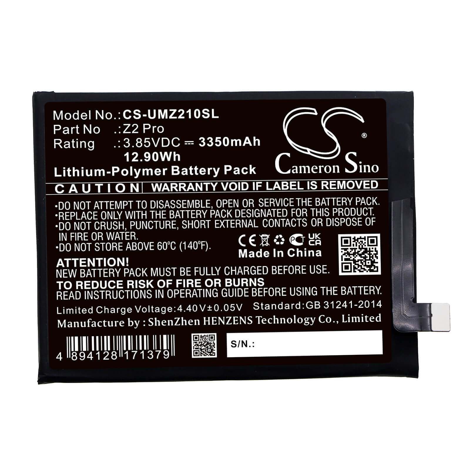 Li-Polymer Battery fits Umi, Umidigi Z2 Pro 3.85V, 3350mAh / 12.90Wh Mobile & SmartPhone Cameron Sino Technology Limited