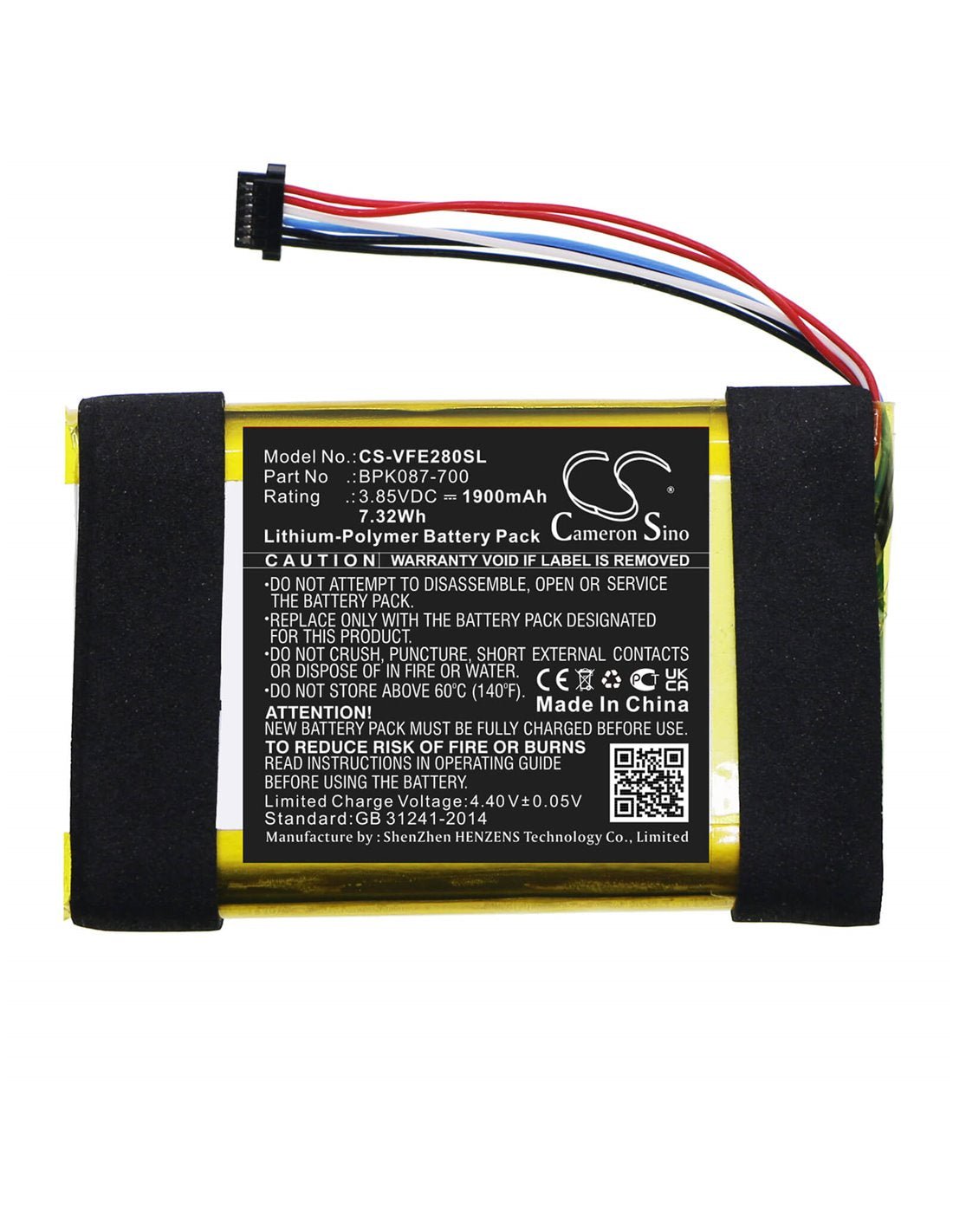 Li-Polymer Battery fits Verifone, E280, M087-602-11-wwa 3.85V, 1900mAh / 7.32Wh Payment Terminal Cameron Sino Technology Limited