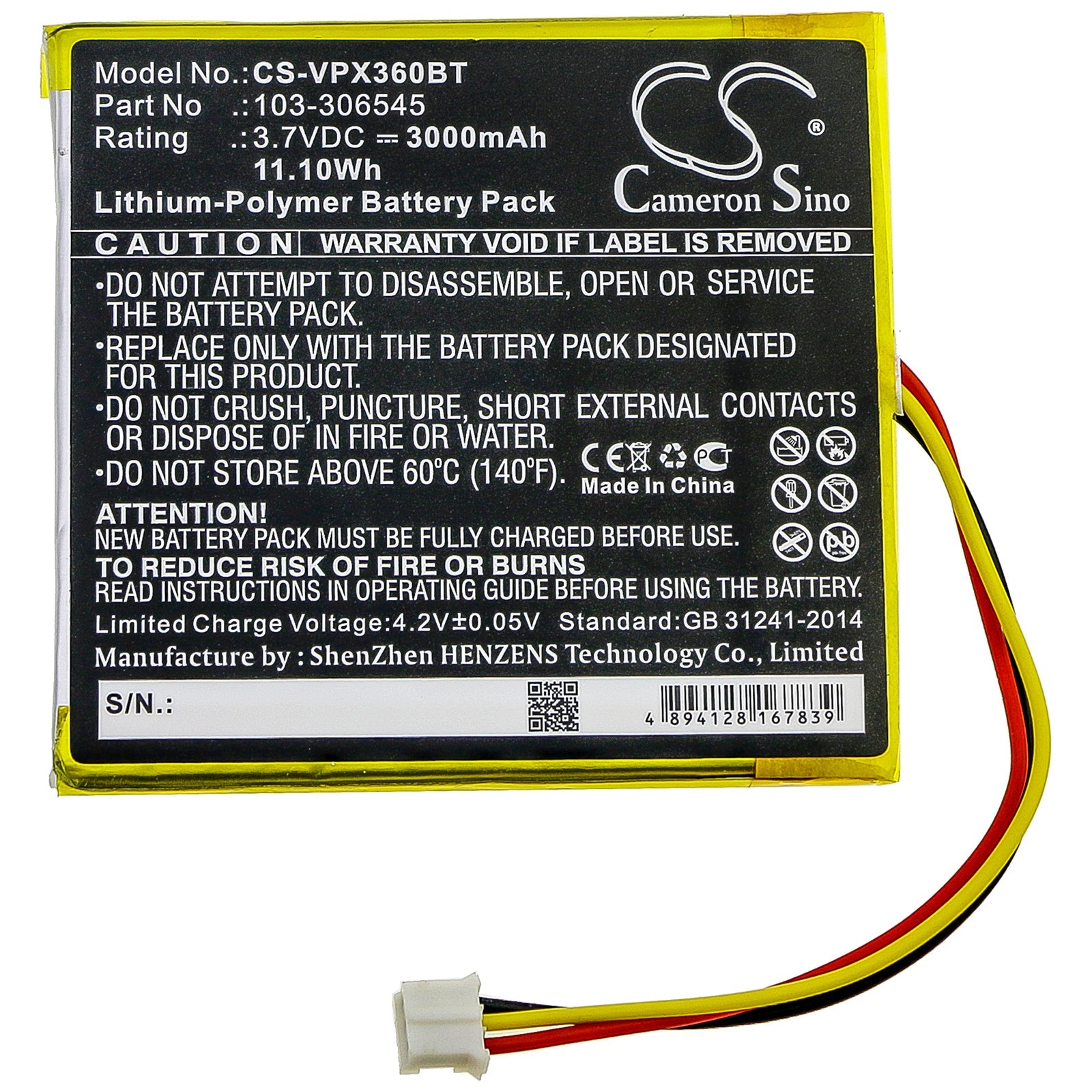 Li-Polymer Battery fits Visonic, Powermaster 360, Powermaster 360r 3.7V, 3000mAh Alarm System Cameron Sino Technology Limited