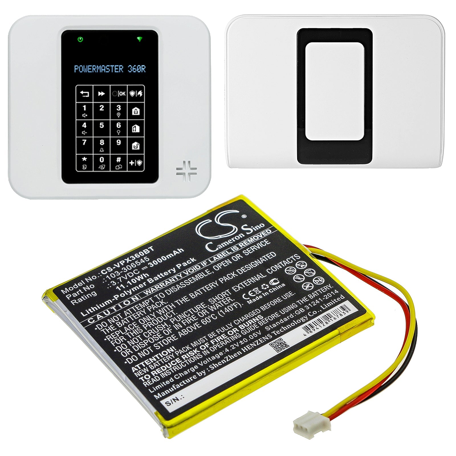 Li-Polymer Battery fits Visonic, Powermaster 360, Powermaster 360r 3.7V, 3000mAh Alarm System Cameron Sino Technology Limited