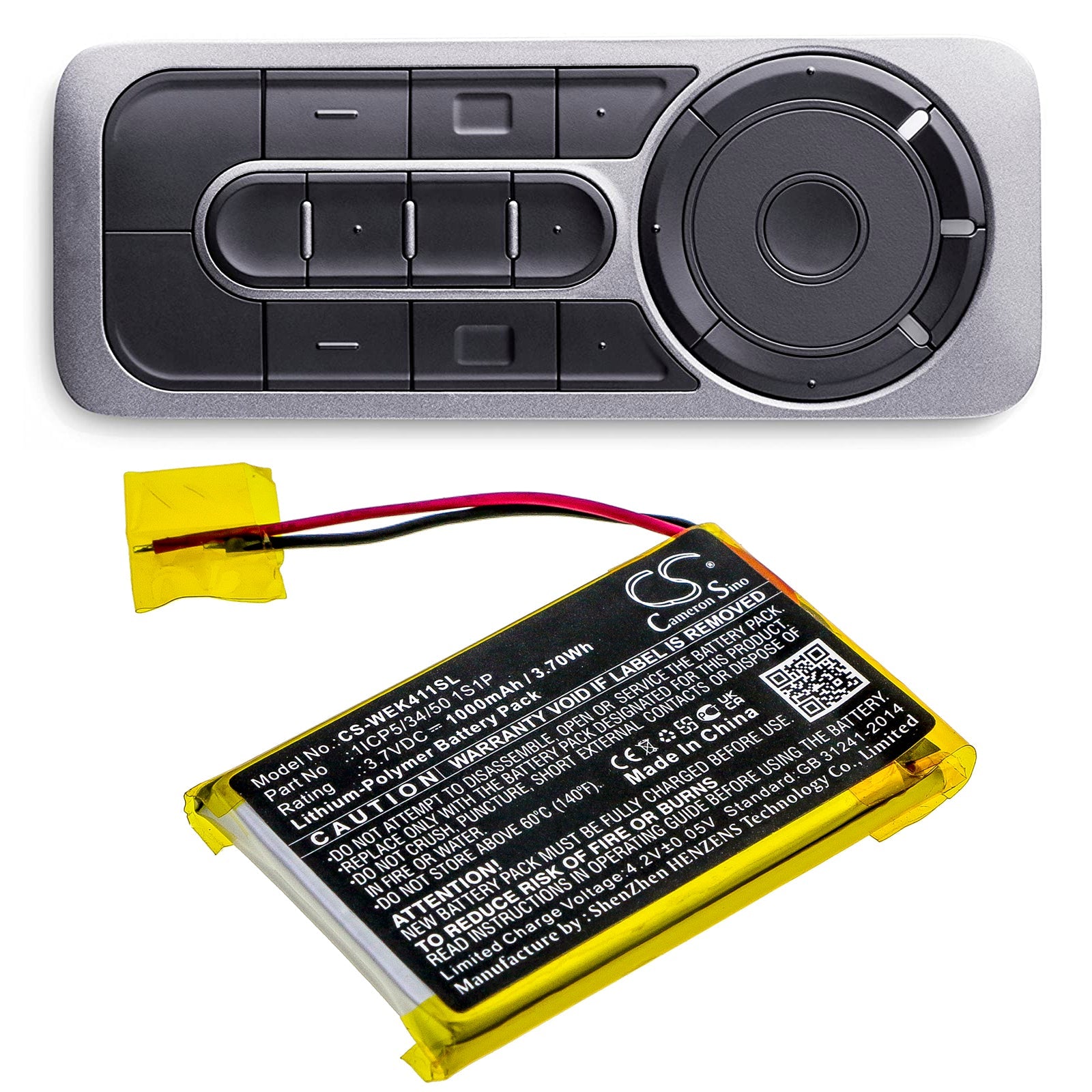 Li-Polymer Battery fits Wacom, Ack411050, Express Key Remote 3.7V, 1000mAh Remote Control Cameron Sino Technology Limited