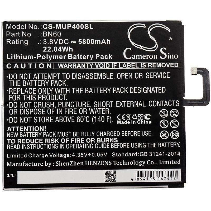 Li-Polymer Battery fits Xiaomi, Clover, M1806d9e 3.8V, 5800mAh Tablet Cameron Sino Technology Limited