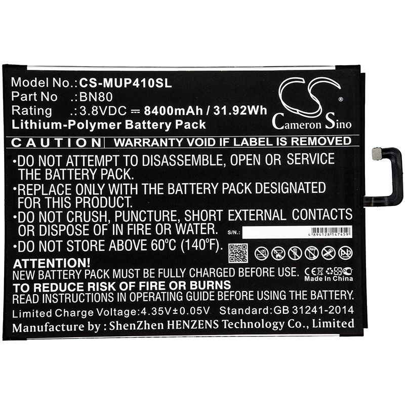 Li-Polymer Battery fits Xiaomi, Mi Pad 4 Plus 3.8V, 8400mAh Tablet Cameron Sino Technology Limited