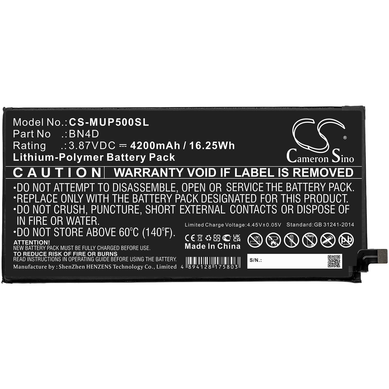 Li-Polymer Battery fits Xiaomi, Mi Pad 5 Pro, Mi Pad 5 Pro 5g 3.87V, 4200mAh / 16.25Wh Tablet Cameron Sino Technology Limited