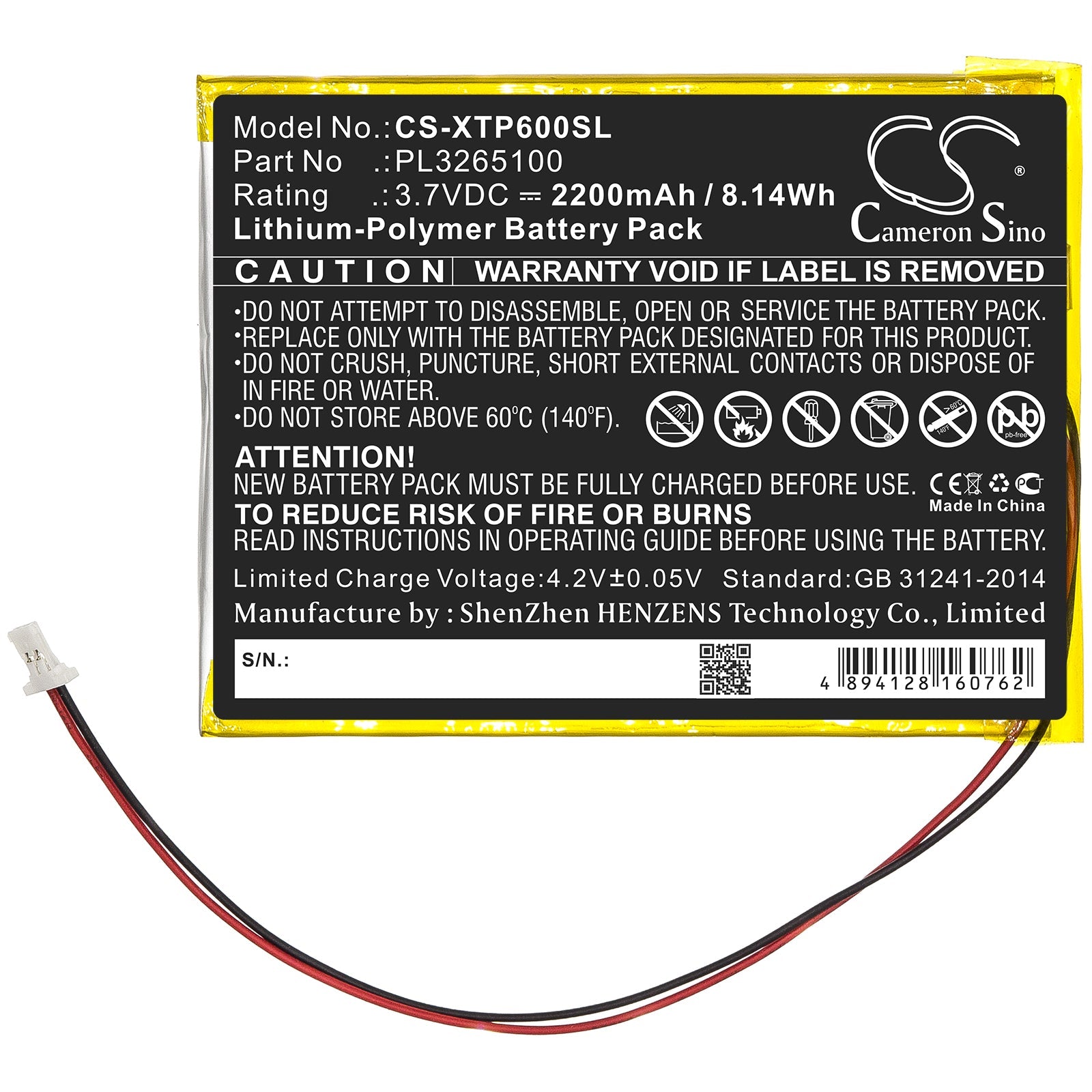 Li-Polymer Battery fits Xtool, Pl3265100 3.7V, 2200mAh Diagnostic Scanner Cameron Sino Technology Limited