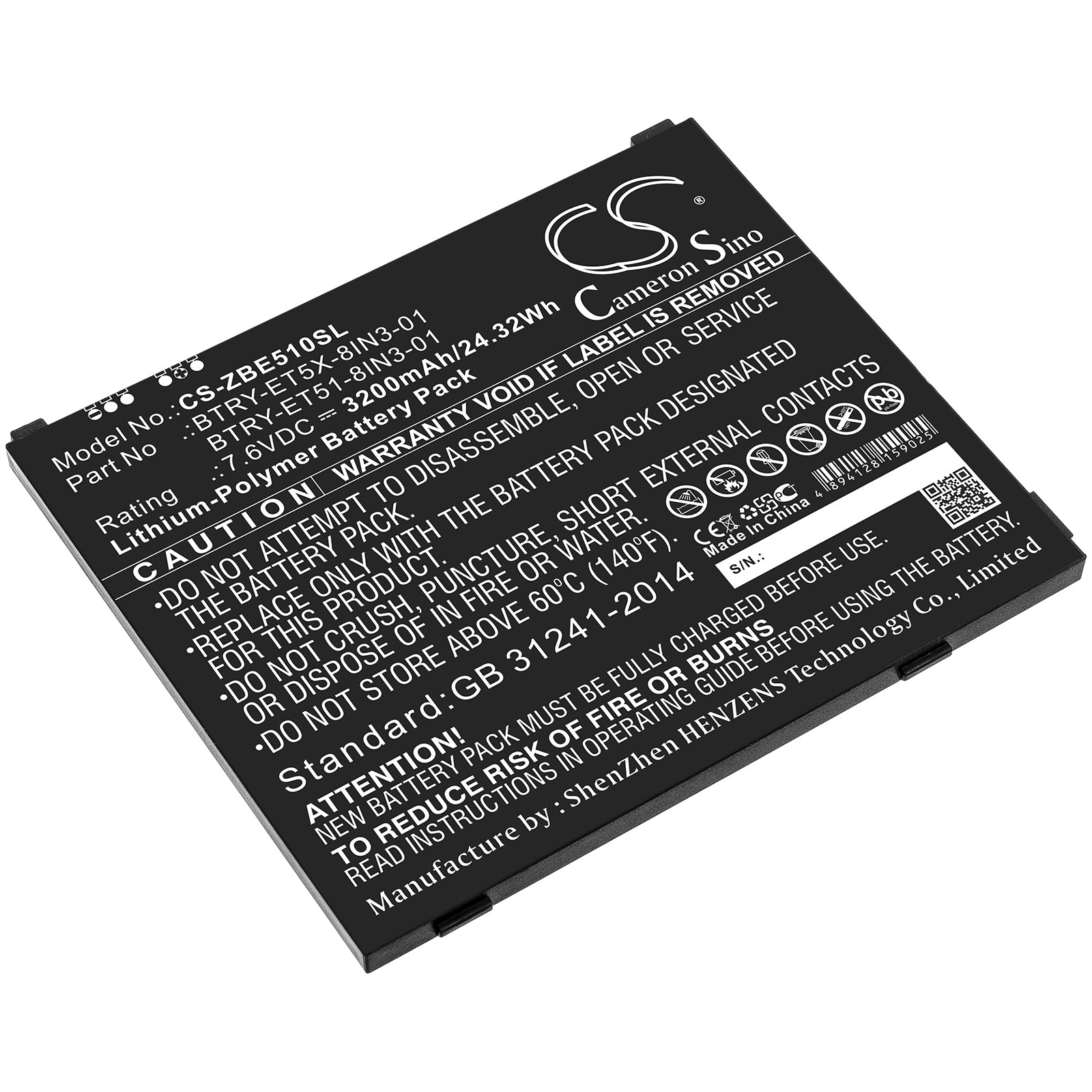 Li-Polymer Battery fits Zebra, Btry-et51-8in3-01, Btry-et5x-8in3-01 7.6V, 3200mAh Tablet Cameron Sino Technology Limited