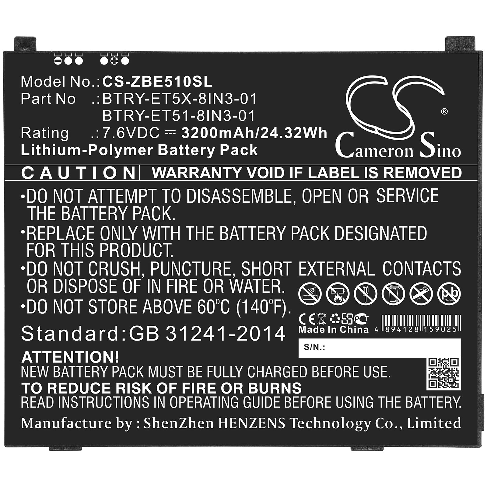 Li-Polymer Battery fits Zebra, Btry-et51-8in3-01, Btry-et5x-8in3-01 7.6V, 3200mAh Tablet Cameron Sino Technology Limited
