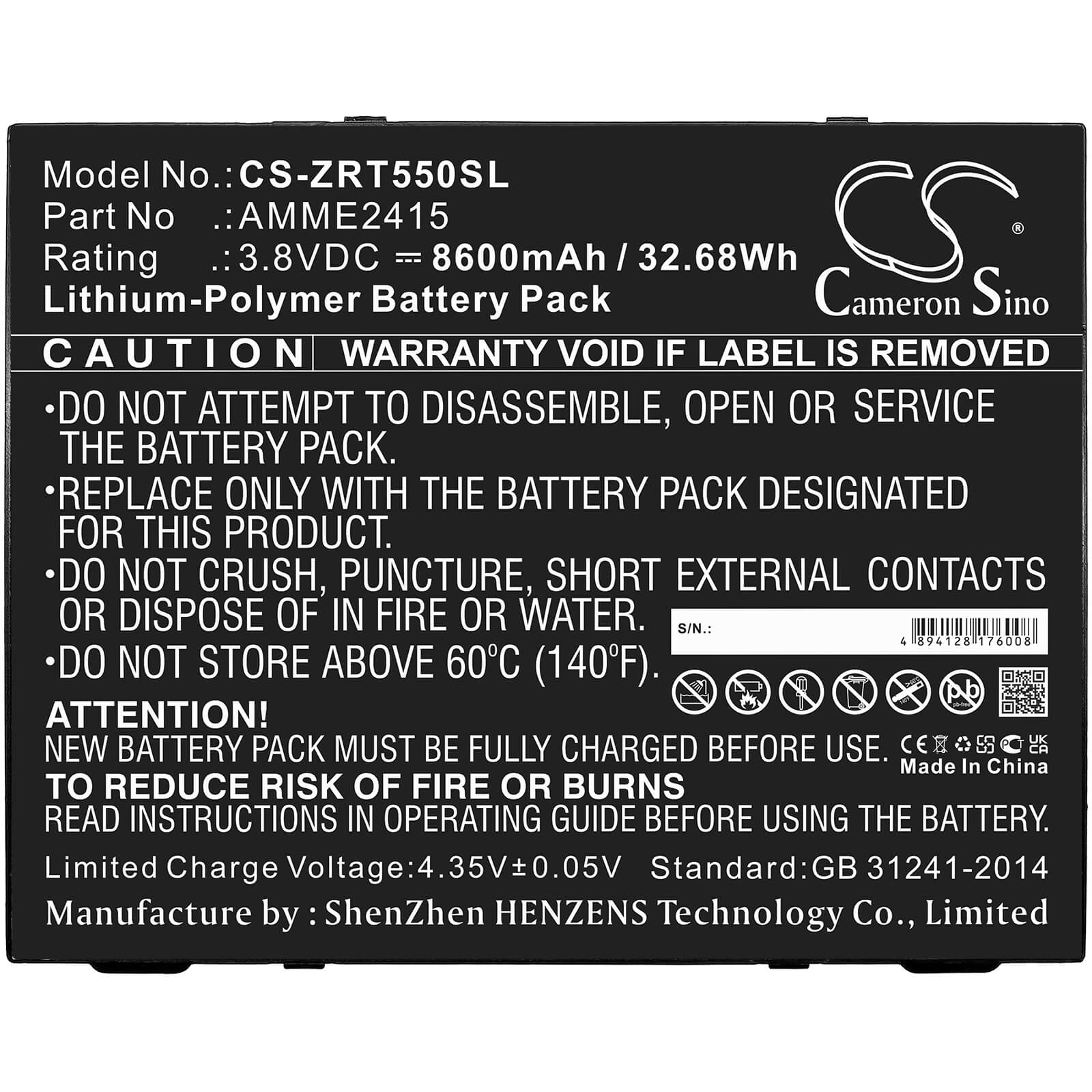 Li-Polymer Battery fits Zebra, Et50, Et55 3.8V, 8600mAh / 32.68Wh Tablet Cameron Sino Technology Limited