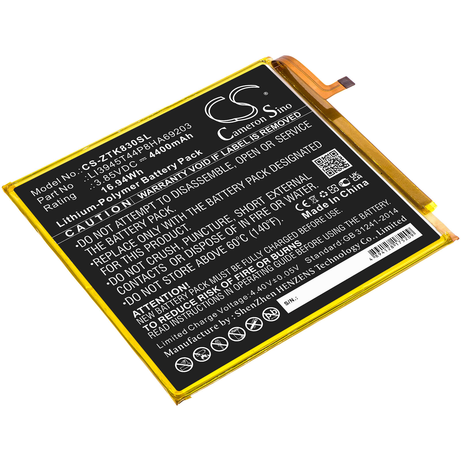 Li-Polymer Battery fits Zte, Grand X View 2, K83 3.85V, 4400mAh / 16.94Wh Tablet Cameron Sino Technology Limited