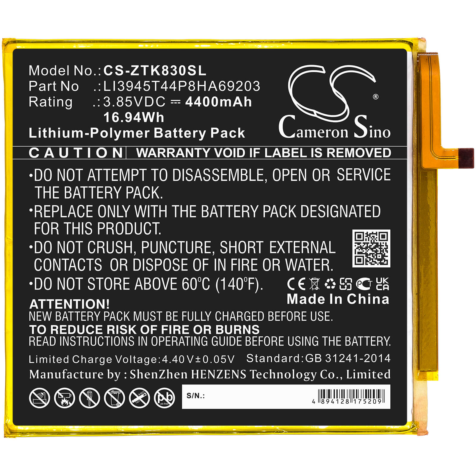 Li-Polymer Battery fits Zte, Grand X View 2, K83 3.85V, 4400mAh / 16.94Wh Tablet Cameron Sino Technology Limited