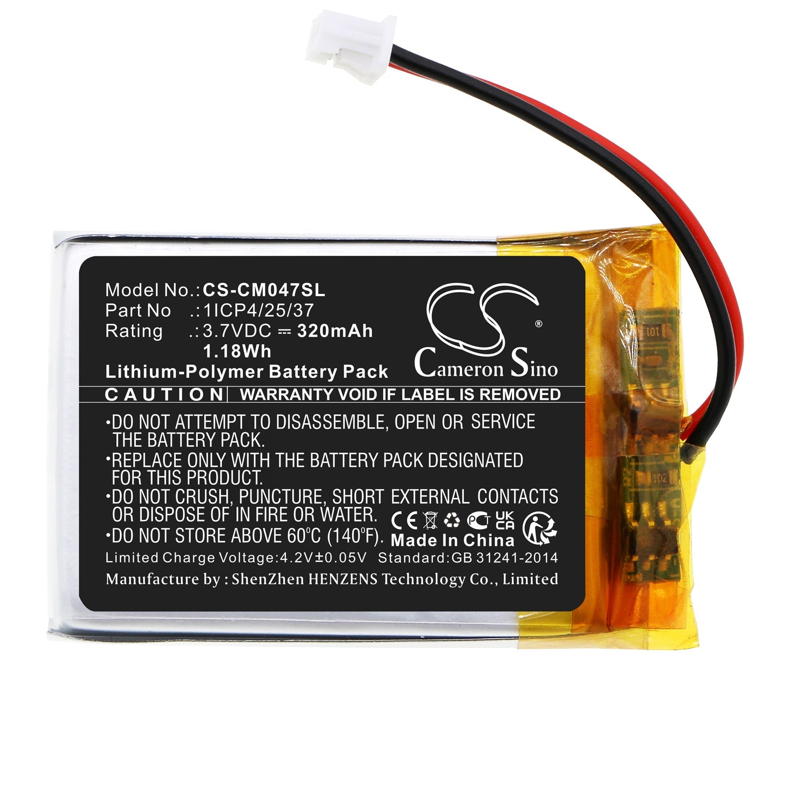 Li-Polymer, Battery Pack Battery fits Custom Battery Packs, 3.7V, 320mAh Battery Pack Cameron Sino Technology Limited