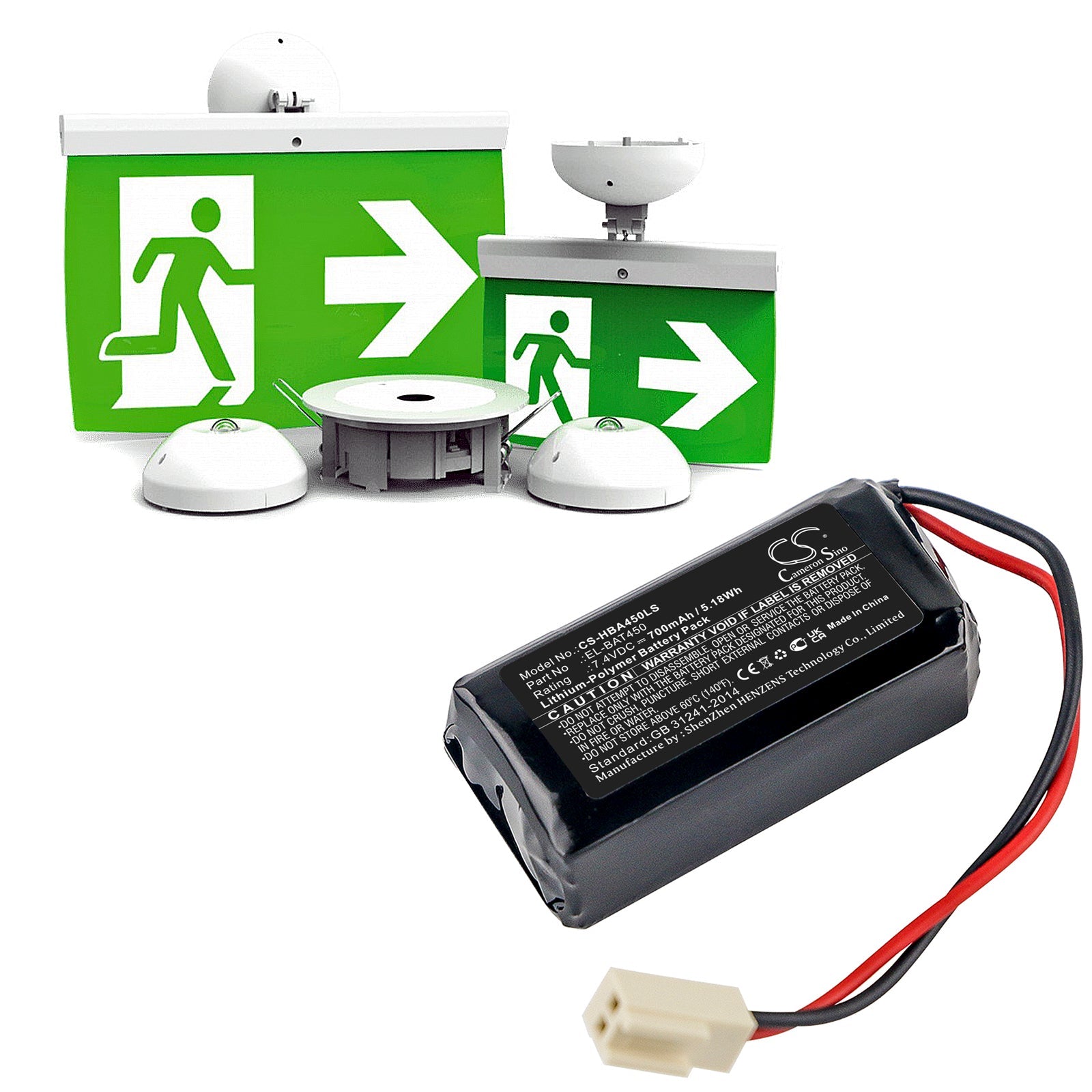 Li-Polymer, Emergency Lighting Battery fits Hochiki Exit Signs, Firescape Luminaires, 7.4V, 700mAh Emergency Lighting Cameron Sino Technology Limited