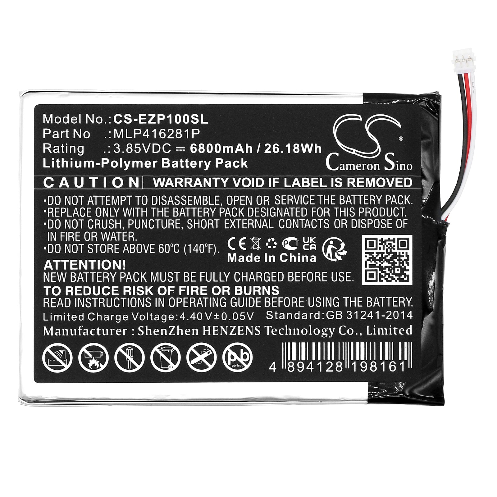 Li-Polymer, Home Security Camera Battery fits Ezviz Dp1s, 3.85V, 6800mAh Home Security Camera Cameron Sino Technology Limited