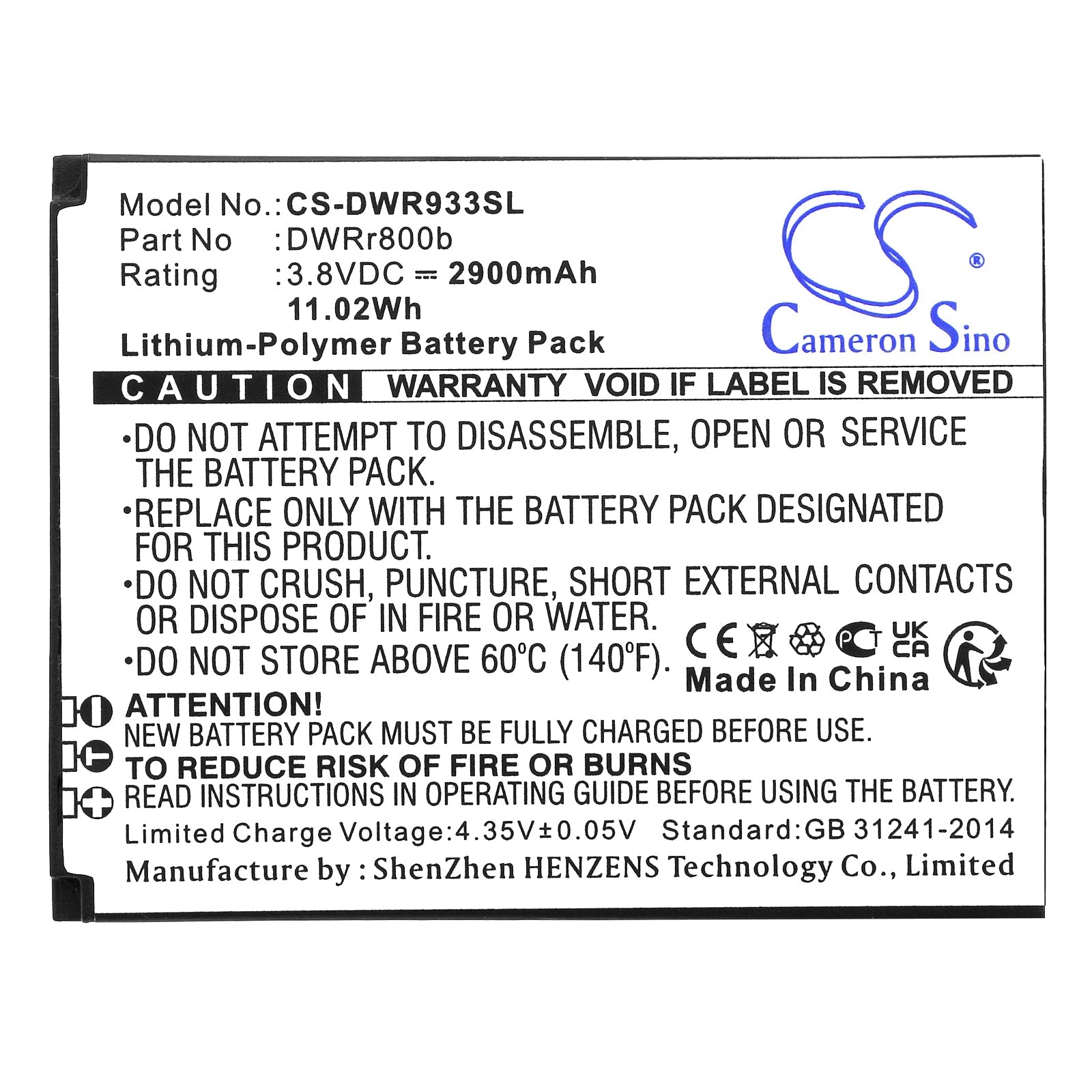 Li-Polymer, Hotspot Battery fits D-link Dwr-933 B1, 3.8V, 2900mAh Hotspot Cameron Sino Technology Limited