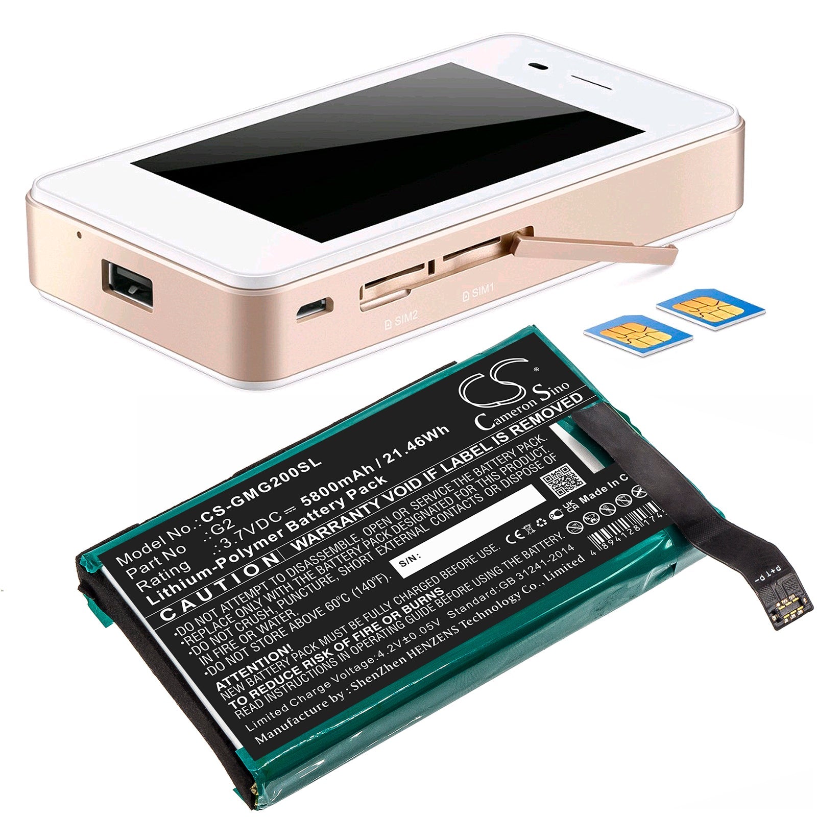 Li-Polymer, Hotspot Battery fits Glocalme G2, 3.7V, 5800mAh Hotspot Cameron Sino Technology Limited