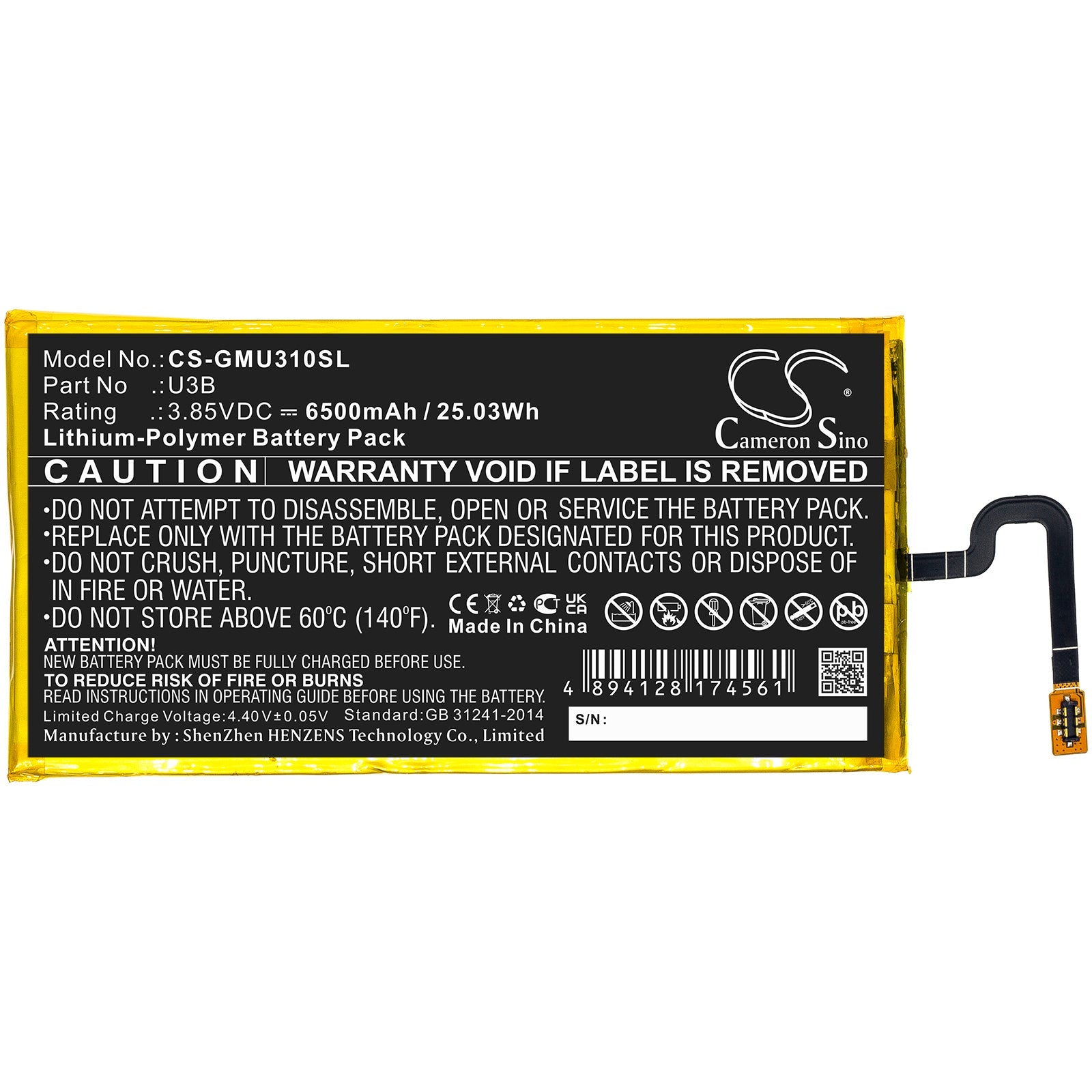 Li-Polymer, Hotspot Battery fits Glocalme U3b, 3.85V, 6500mAh Hotspot Cameron Sino Technology Limited