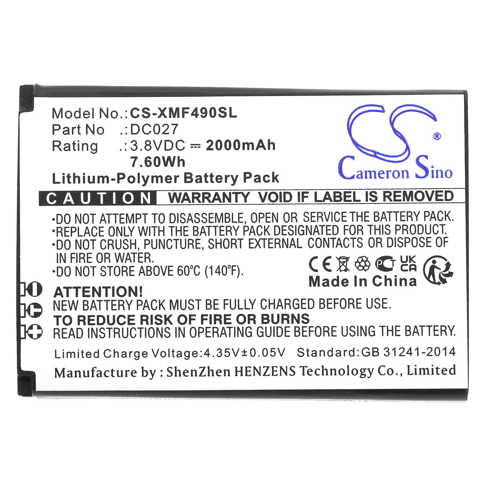 Li-Polymer, Hotspot Battery fits Xiaomi F490 4g, 3.8V, 2000mAh Hotspot Cameron Sino Technology Limited