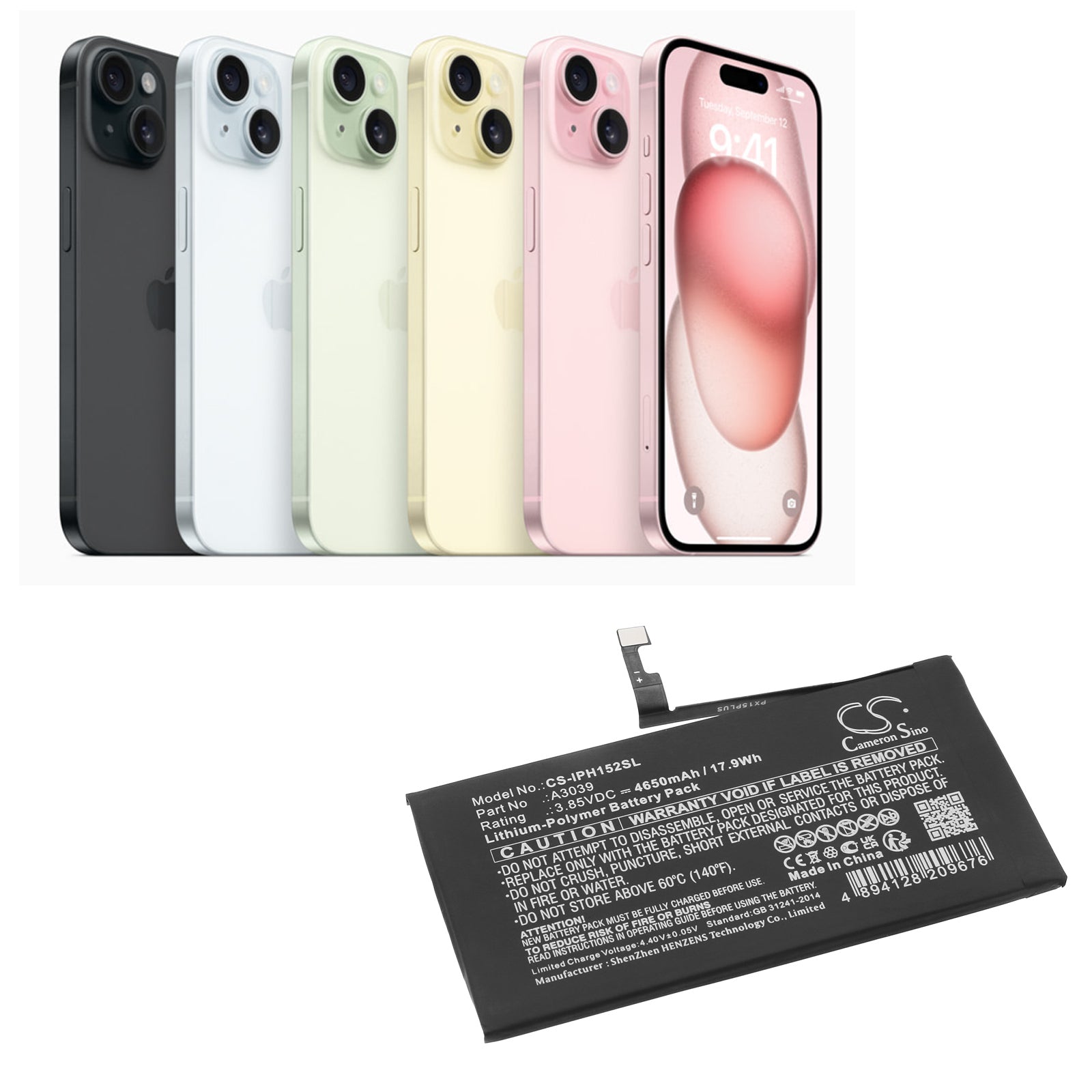 Li-Polymer, Mobile, SmartPhone Battery fits Apple Iphone 15 Plus, 3.85V, 4650mAh Mobile, SmartPhone Cameron Sino Technology Limited