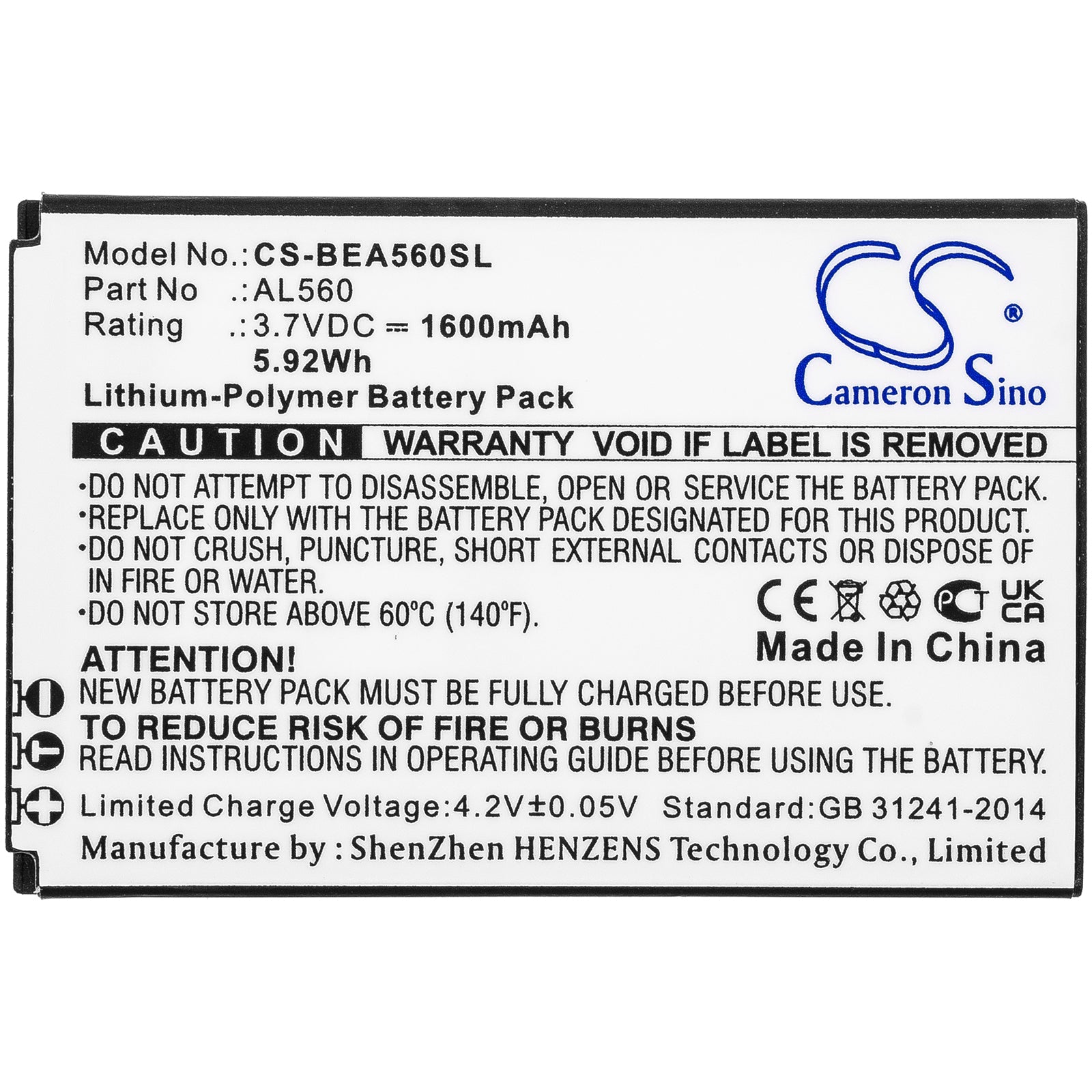 Li-Polymer, Mobile, SmartPhone Battery fits Bea-fon Al560, 3.7V, 1600mAh Mobile, SmartPhone Cameron Sino Technology Limited