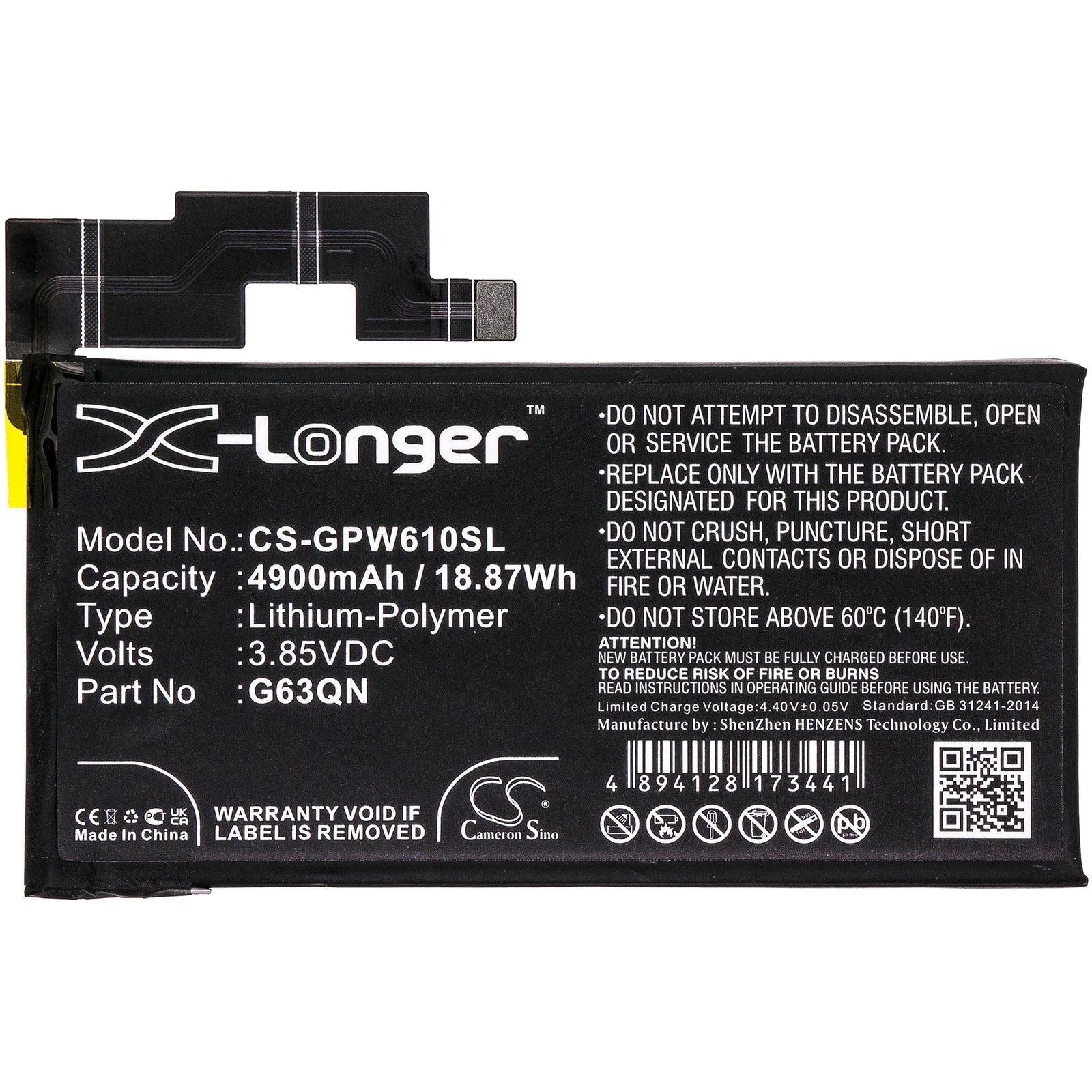 Li-Polymer, Mobile, SmartPhone Battery fits Google G8vou, Gf5kq, 3.85V, 4900mAh Mobile, SmartPhone Cameron Sino Technology Limited